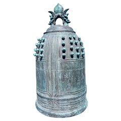 Japan Antique Large Blue Bronze Bell With Rare Inscriptions 24"