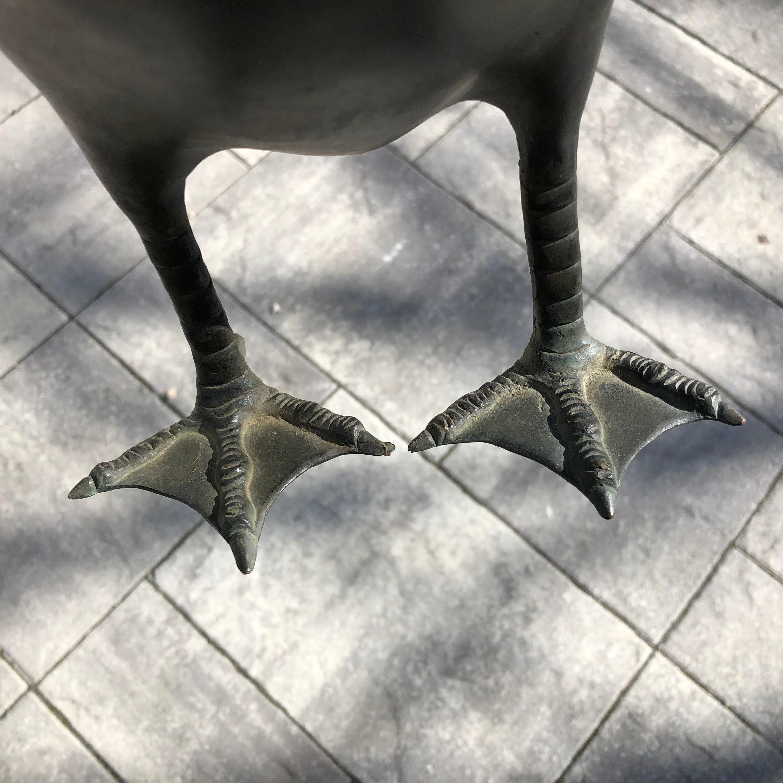 Japan Antique Large Hand Cast Pair Bronze Garden Ducks, Beautiful Details 7