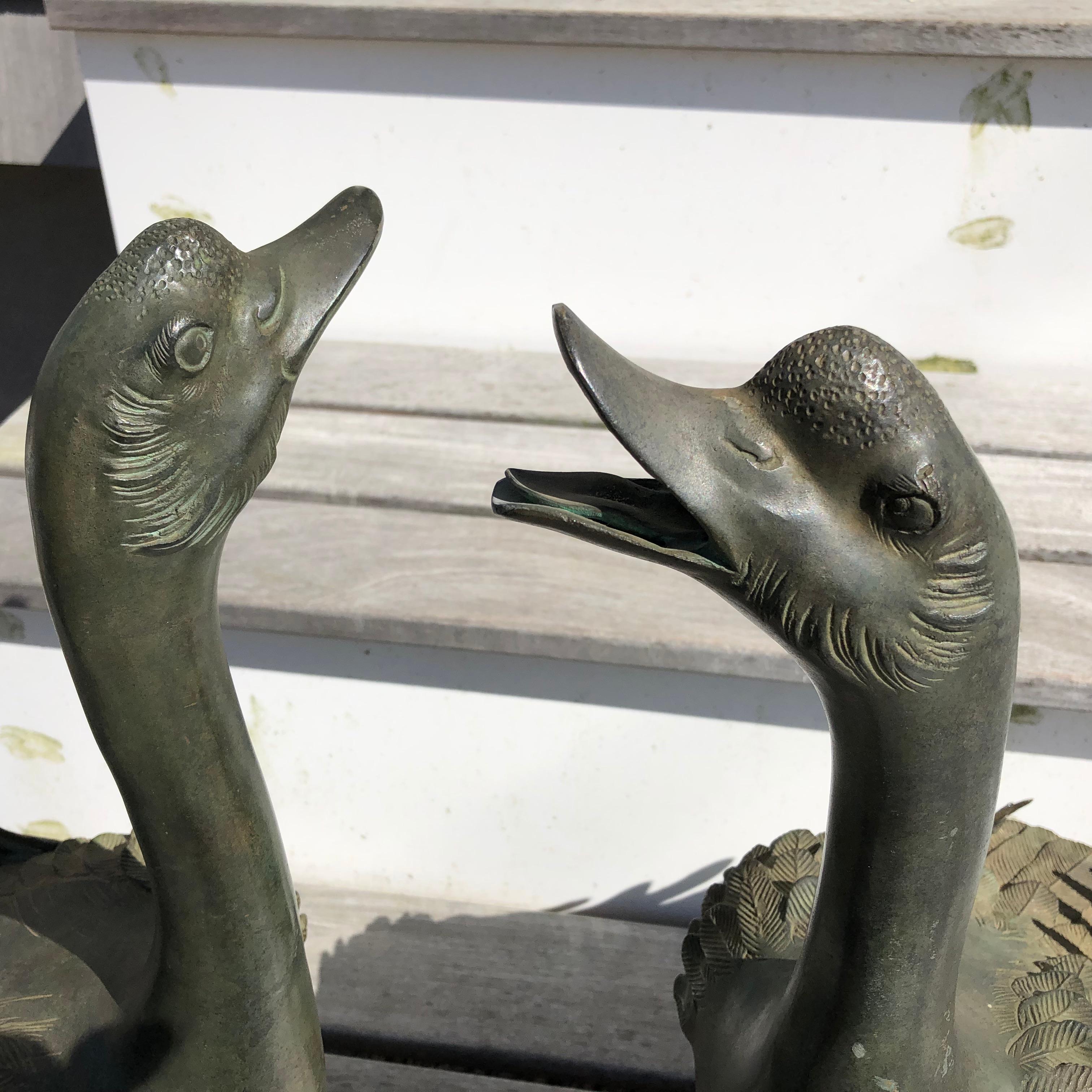 Taisho Japan Antique Large Hand Cast Pair Bronze Garden Ducks, Beautiful Details