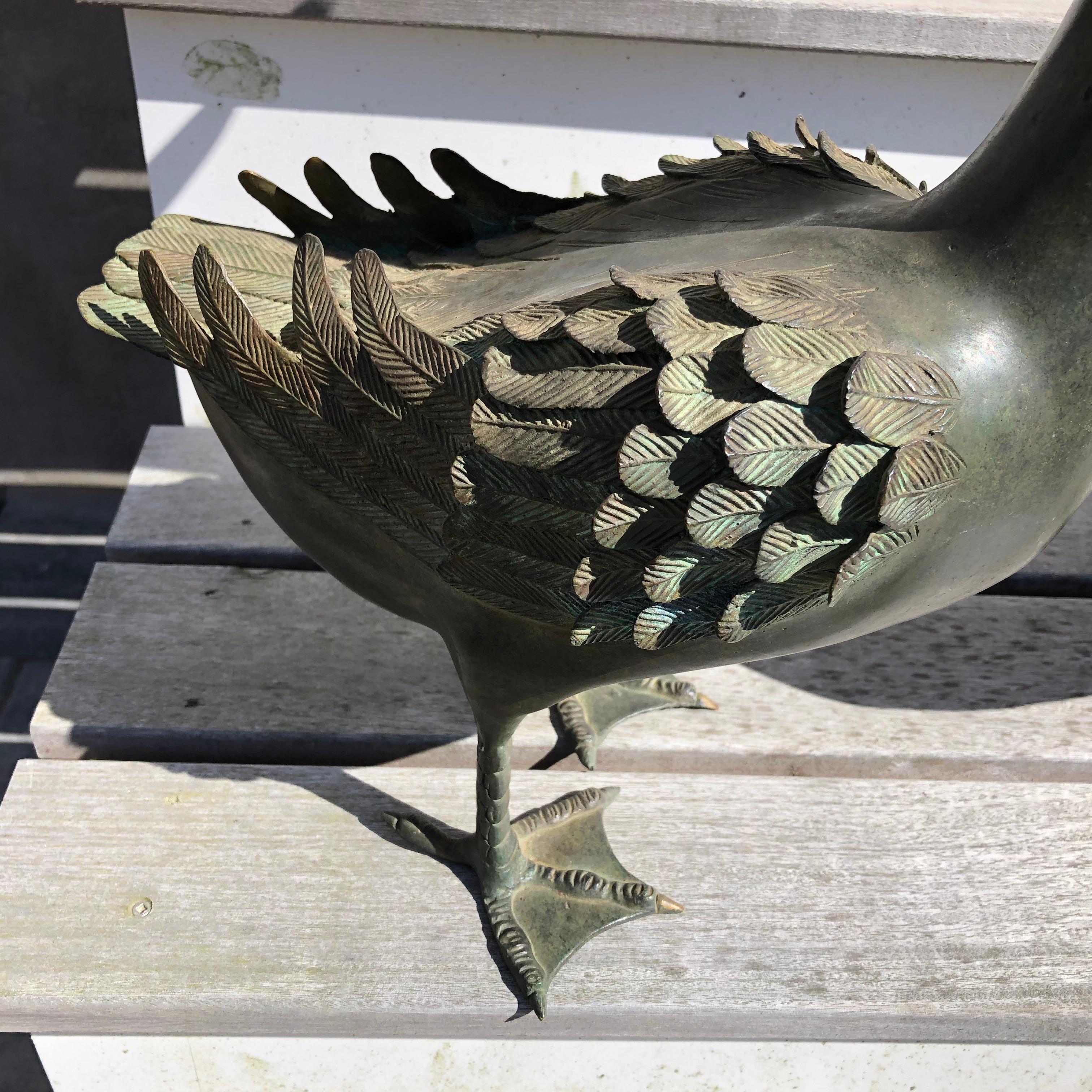 Japan Antique Large Hand Cast Pair Bronze Garden Ducks, Beautiful Details In Good Condition In South Burlington, VT