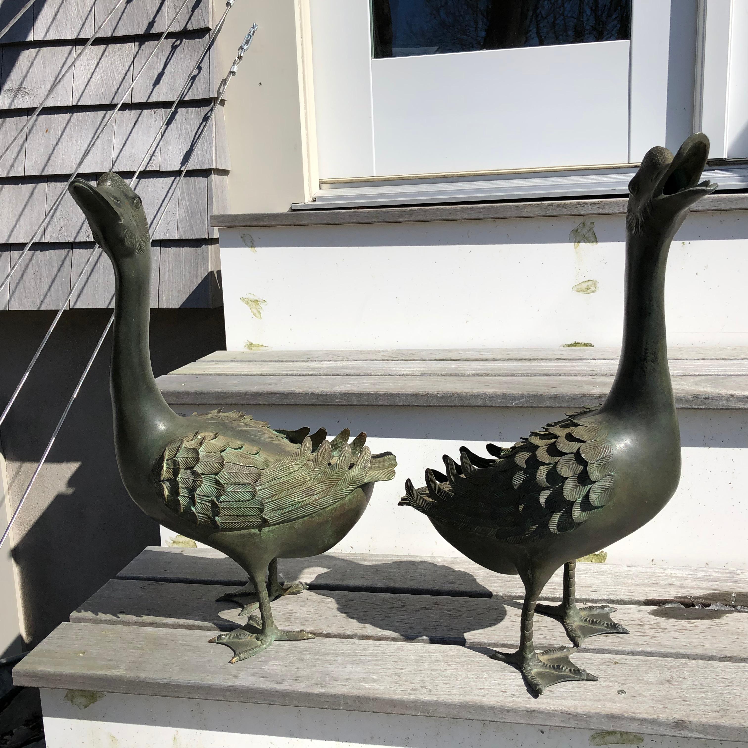 20th Century Japan Antique Large Hand Cast Pair Bronze Garden Ducks, Beautiful Details