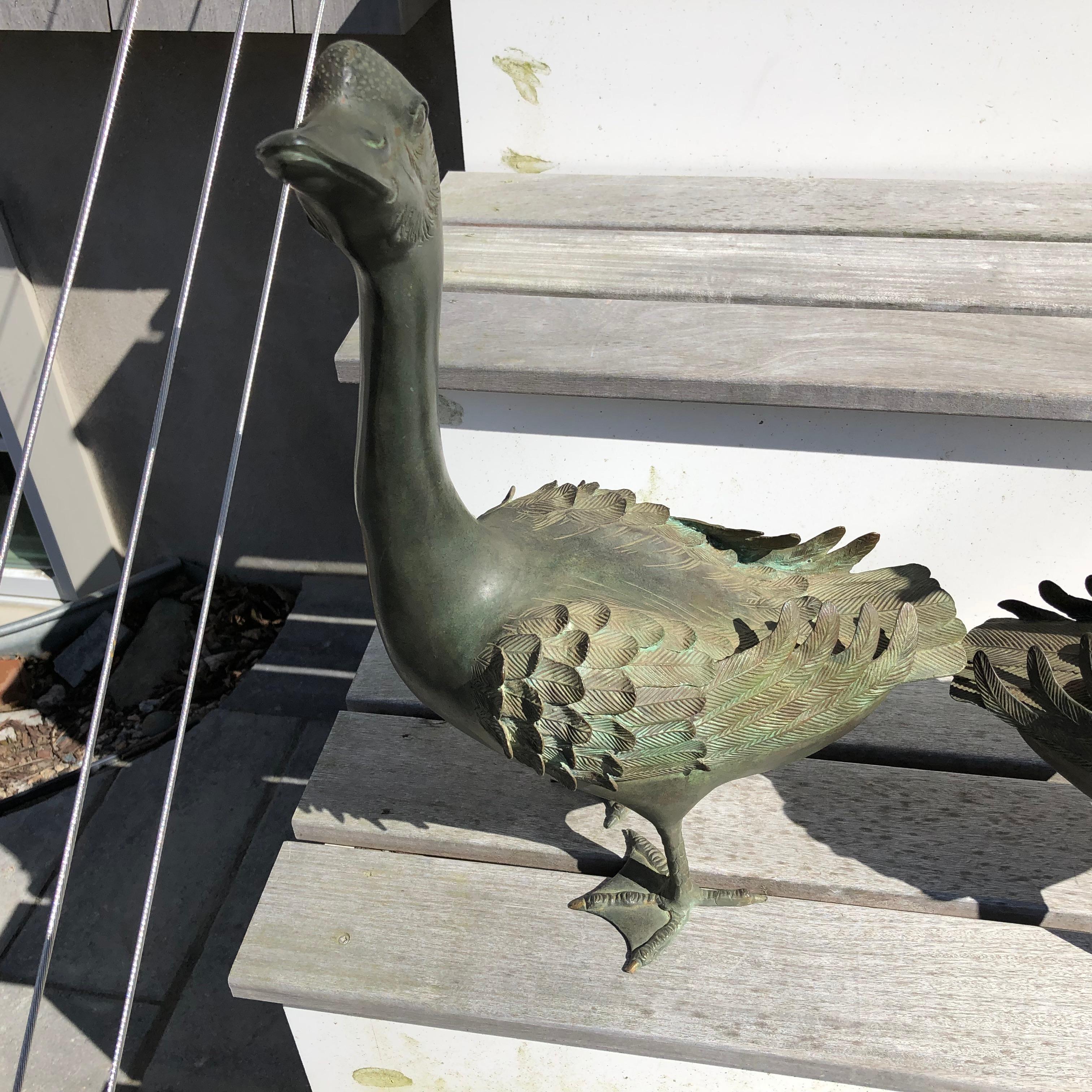 Japan Antique Large Hand Cast Pair Bronze Garden Ducks, Beautiful Details 1