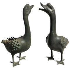 Japan Antique Large Hand Cast Pair Bronze Garden Ducks, Beautiful Details