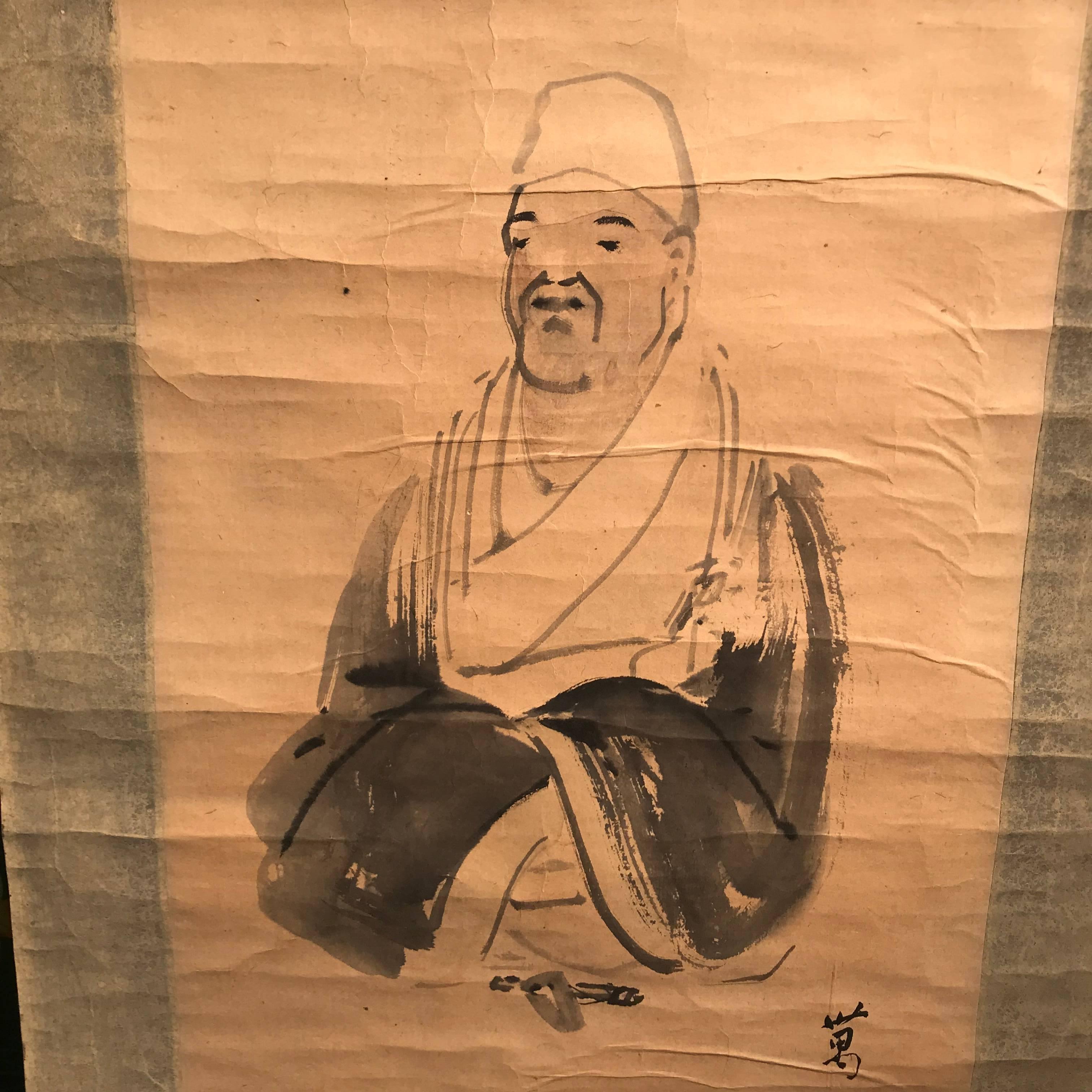 A simple zen style Japanese antique paper scroll of Matsuo Basho - Japan's most famous poet and master of the Haiku, Meiji period, 19th century. The master seated in simple pose.

Artists stamp and seal lower right. 

Dimensions: 18.5 inches wide