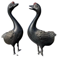 Japan Antique Pair Bronze Red Knob Geese, Beautiful Details