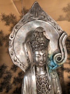 Japan Antique Silver Bronze Kannon Guanyin with Calligraphy