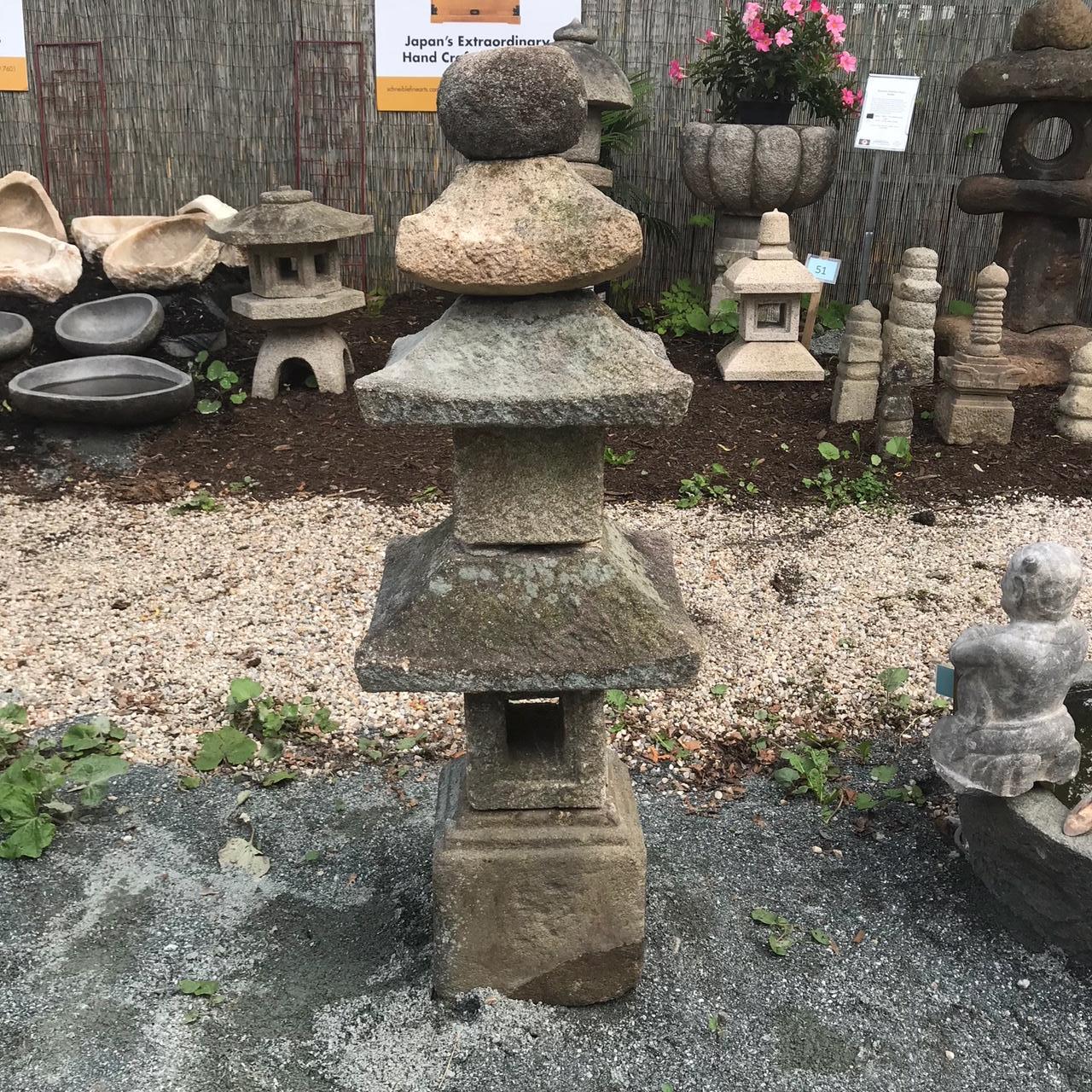 Edo Japan Antique Tall Stone Three Roof Pagoda Lantern