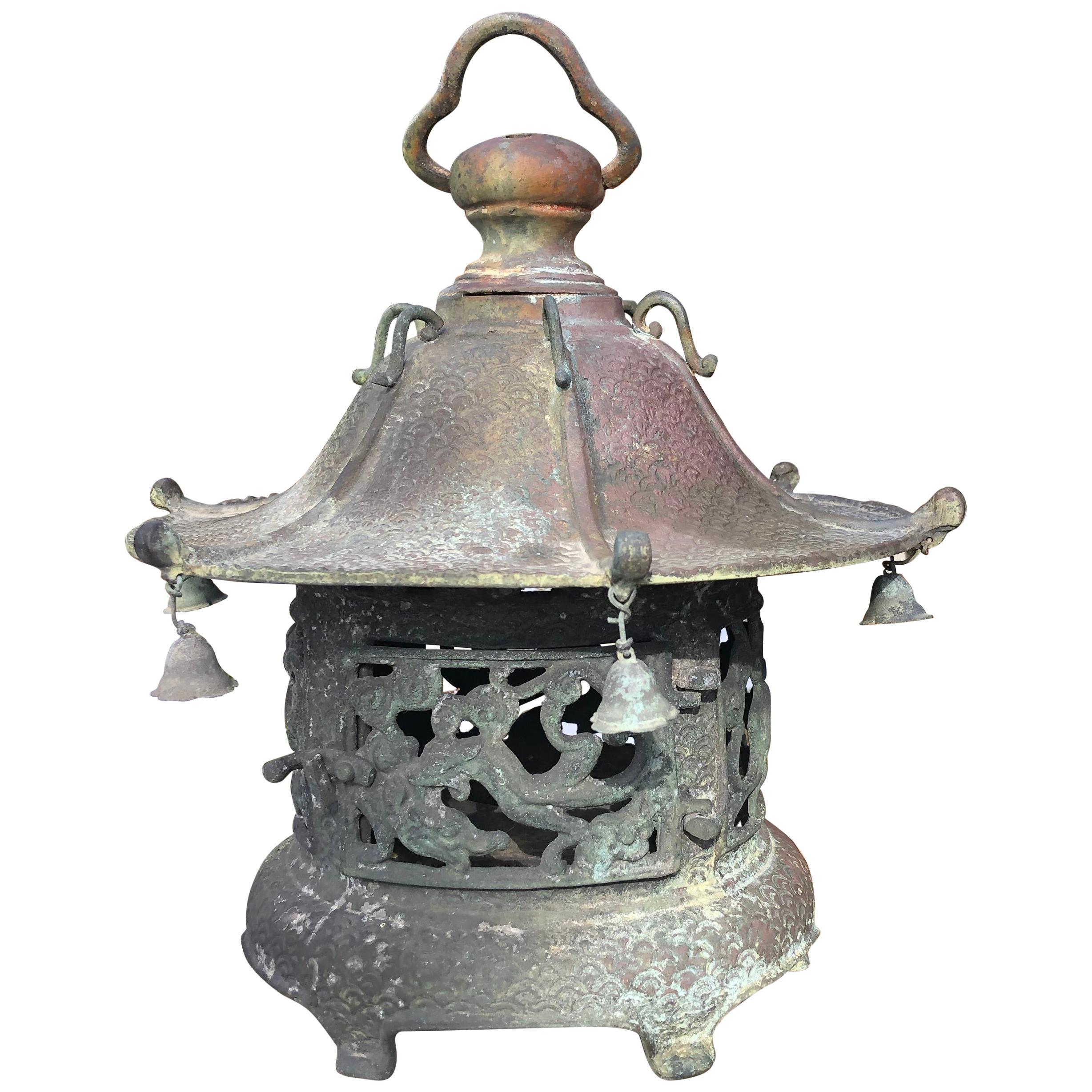 Japan Beautiful Antique Bronze "Bells & Dragons" Garden Lantern, 100 Yrs Old