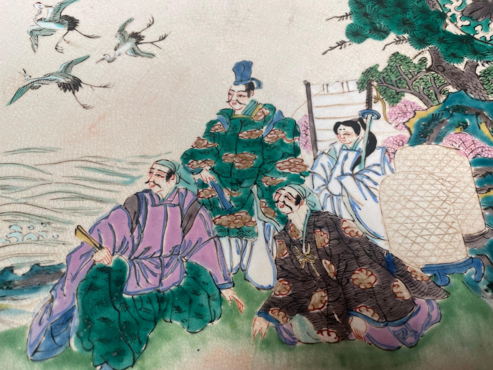 Schöne große antike handbemalte Kutani-Gartenschale aus Japan, 13 Zoll, 1910 (Handgefertigt) im Angebot