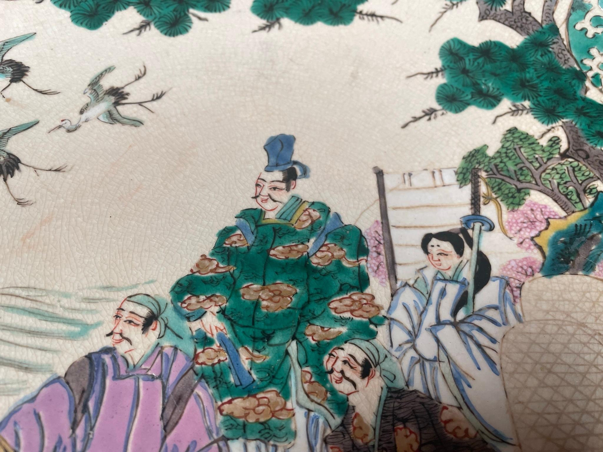Schöne große antike handbemalte Kutani-Gartenschale aus Japan, 13 Zoll, 1910 im Zustand „Gut“ im Angebot in South Burlington, VT