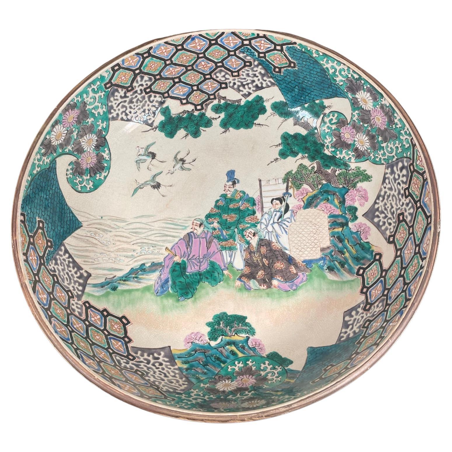 Magnifique grand bol de jardin japonais ancien peint à la main Kutani de 13 pouces, 1910