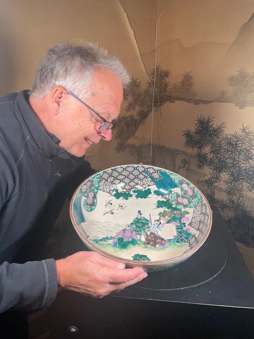 From our recent Japanese Acquisition Travels- a lovely big 14 inch diameter hand painted bowl from Japan.

Japan hard to find early hand painted ceramic lush 