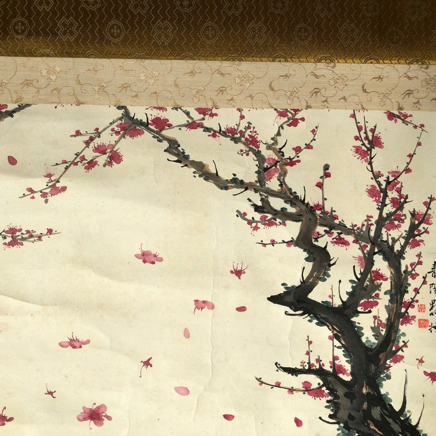 Japan Beautiful Pink Antique Plum Hand-Painted Scroll, 19th Century 4