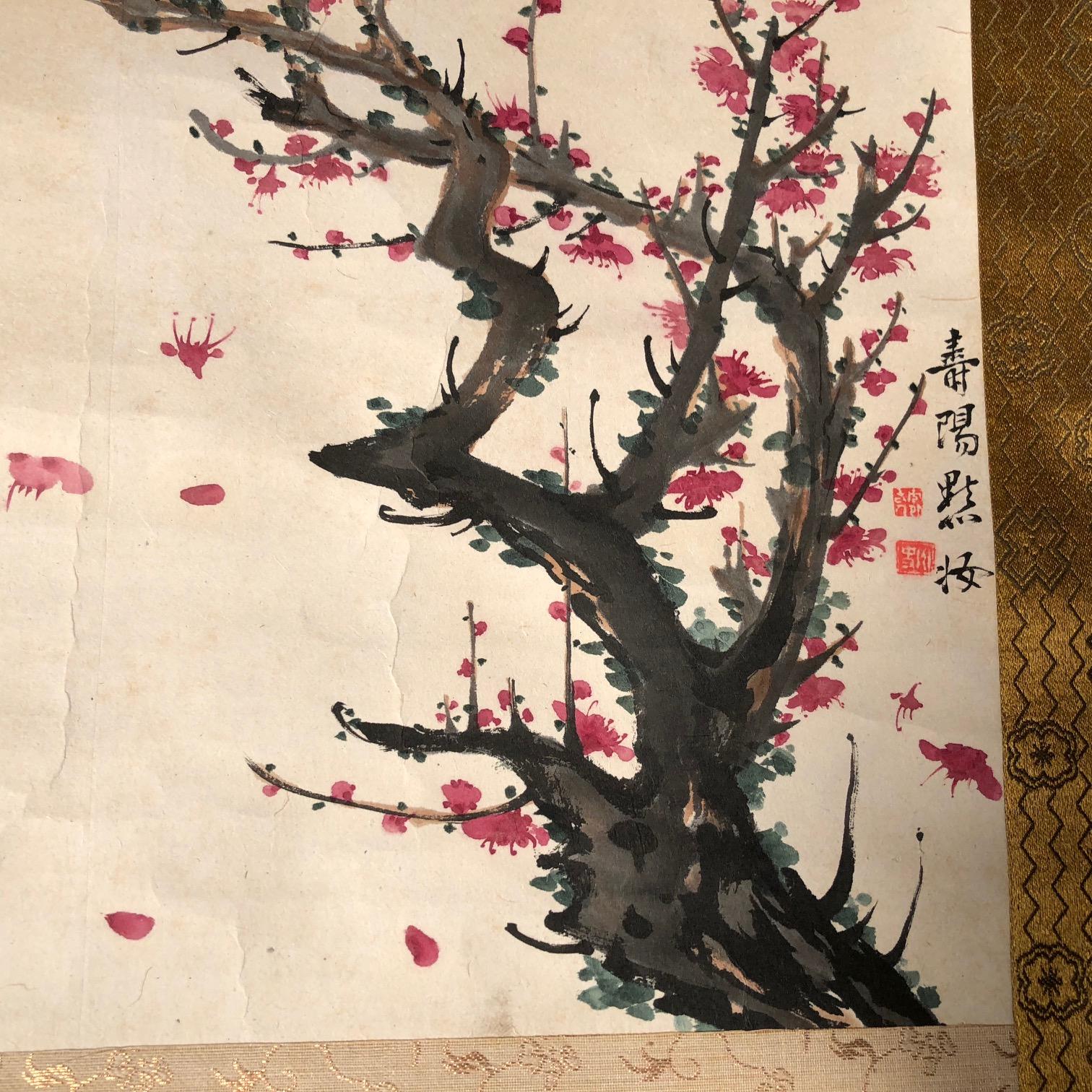 Meiji Japan Beautiful Pink Antique Plum Hand-Painted Scroll, 19th Century