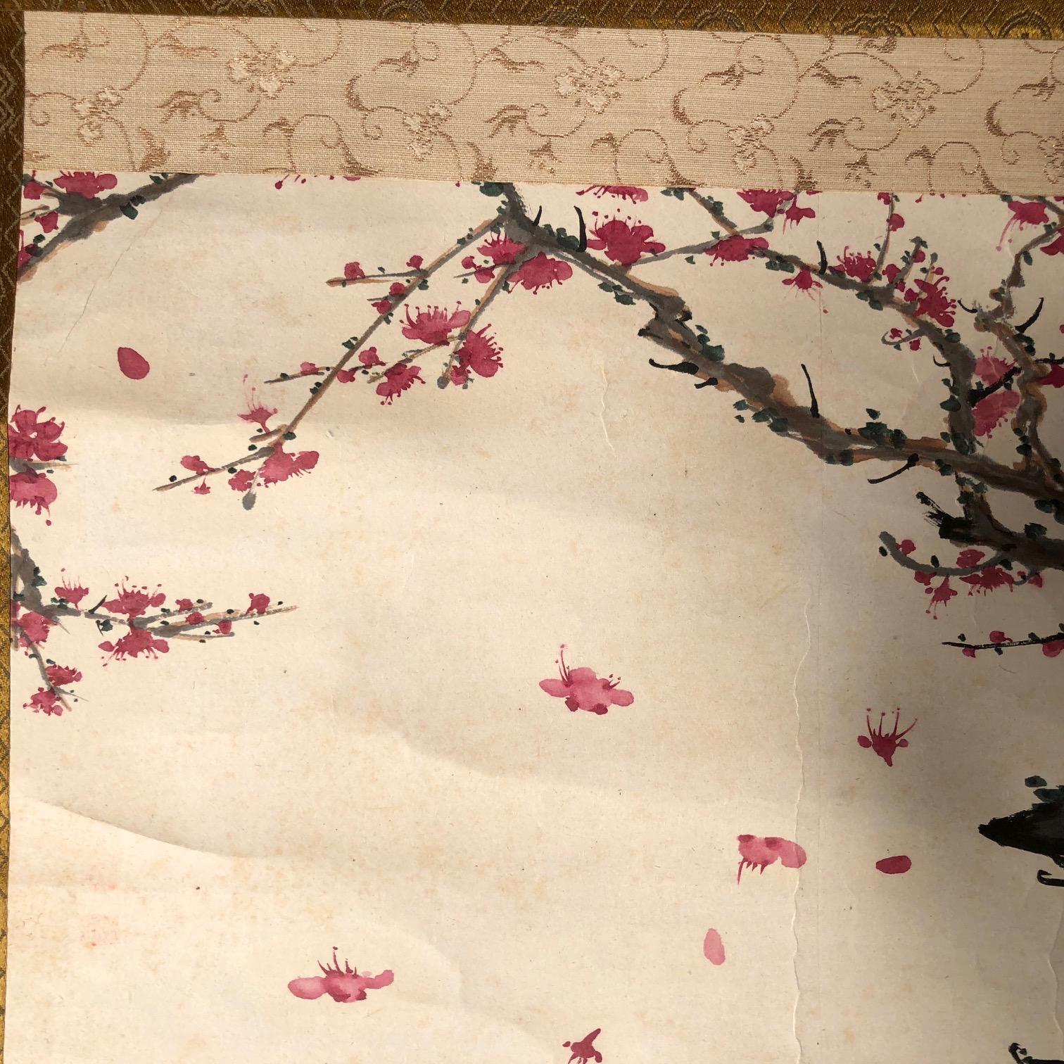 Japanese Japan Beautiful Pink Antique Plum Hand-Painted Scroll, 19th Century