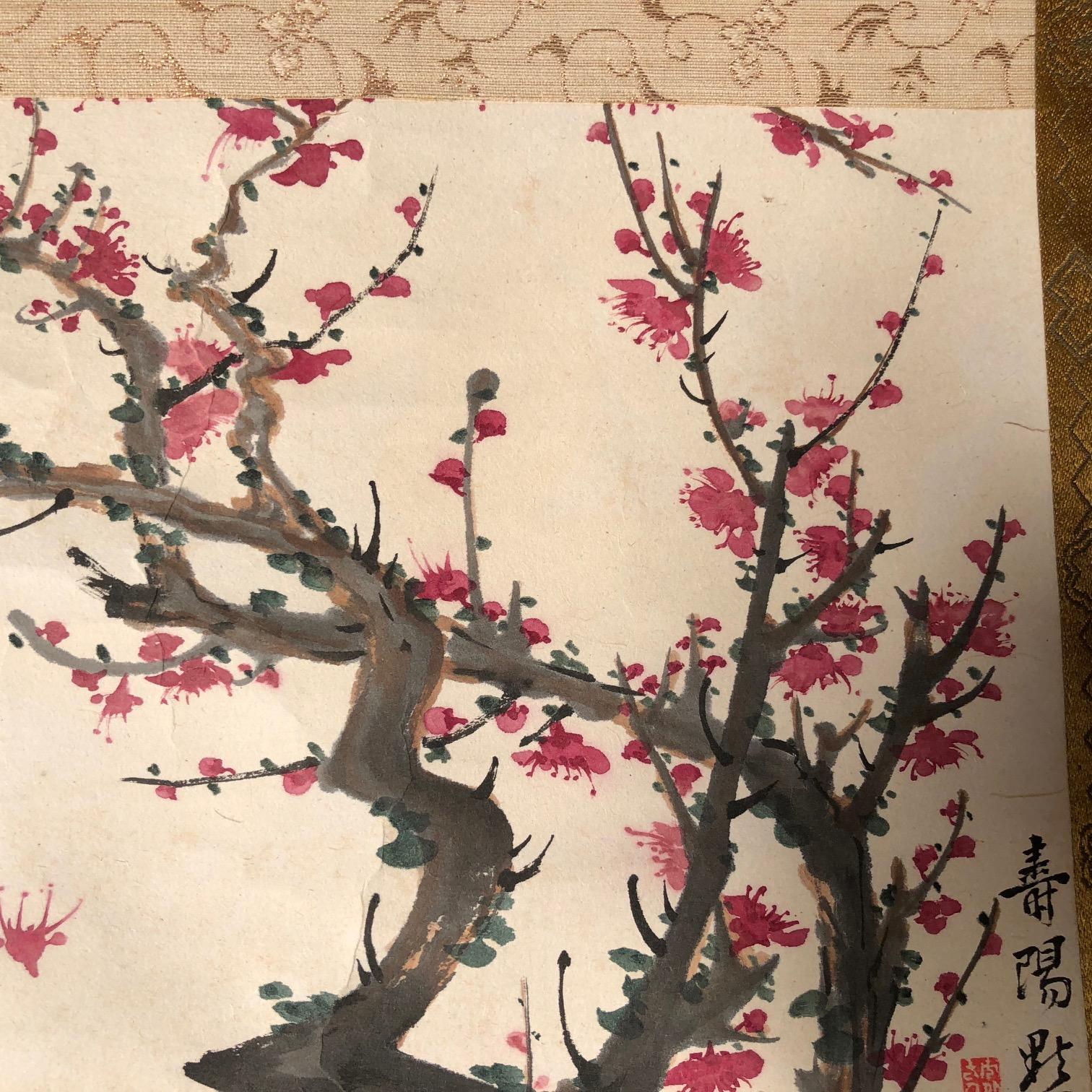 Japan Beautiful Pink Antique Plum Hand-Painted Scroll, 19th Century In Good Condition In South Burlington, VT