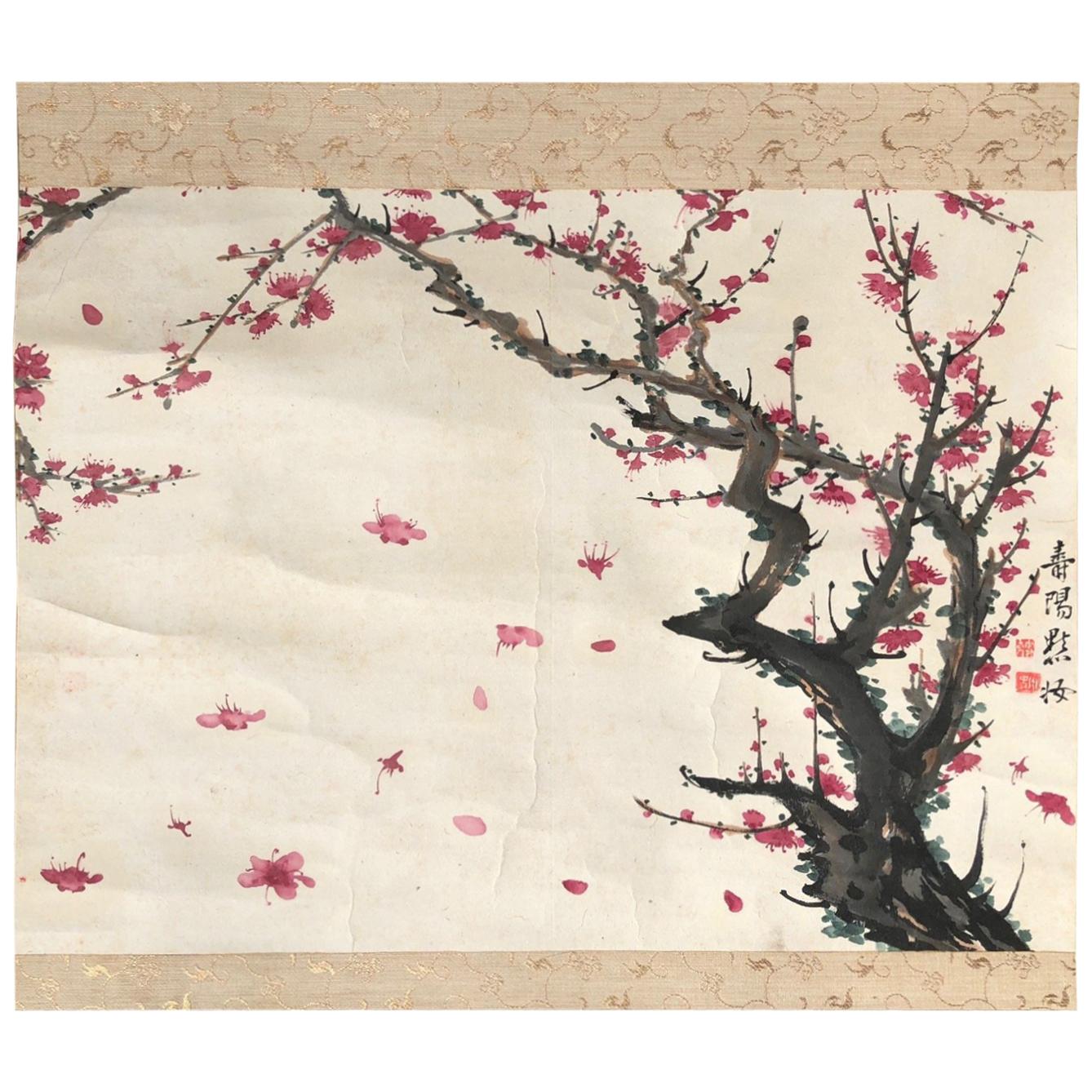 Japan Beautiful Pink Antique Plum Hand-Painted Scroll, 19th Century