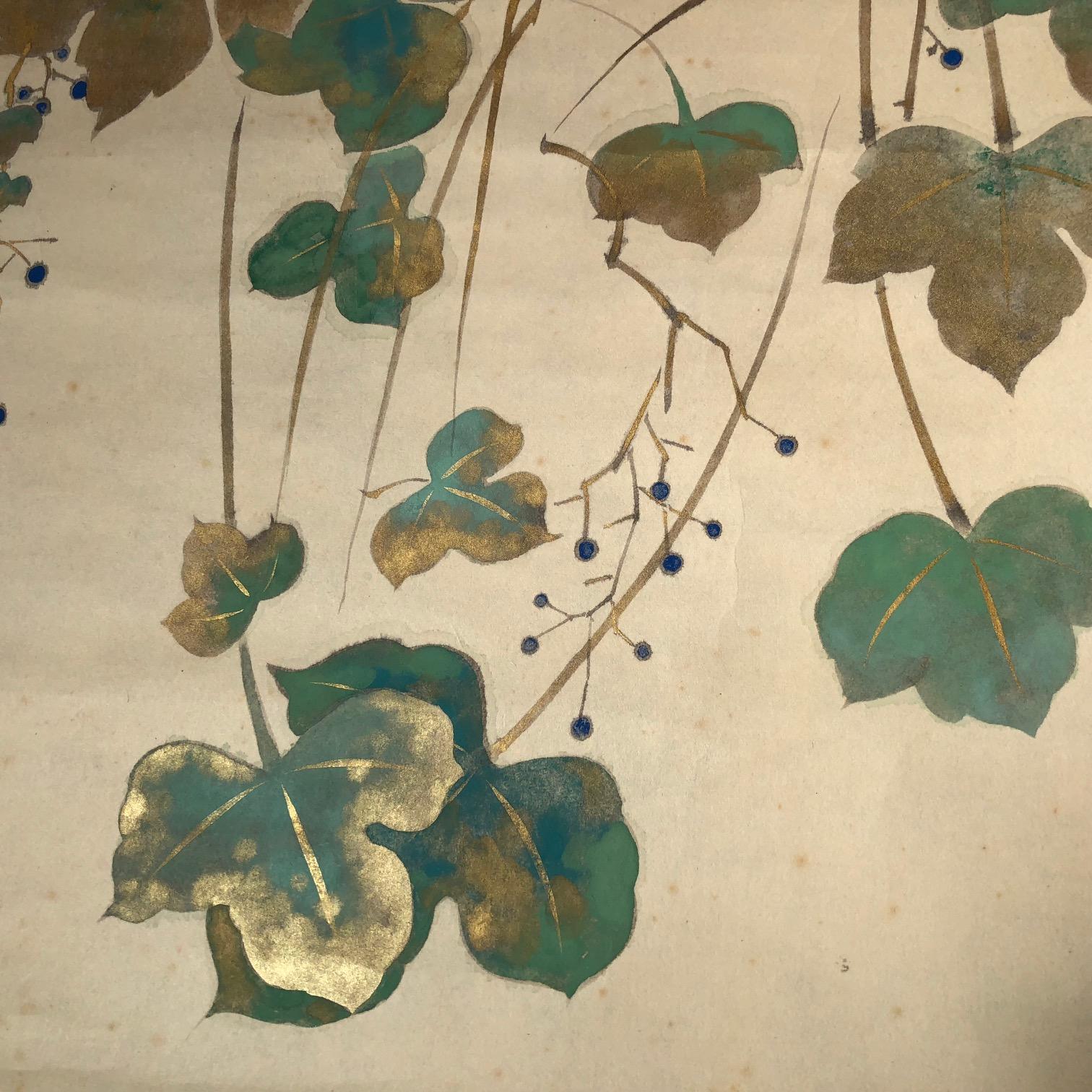Japan Beautiful Wine Grapes Green, Blue and Gold Antique Hand-Painted Scroll 4