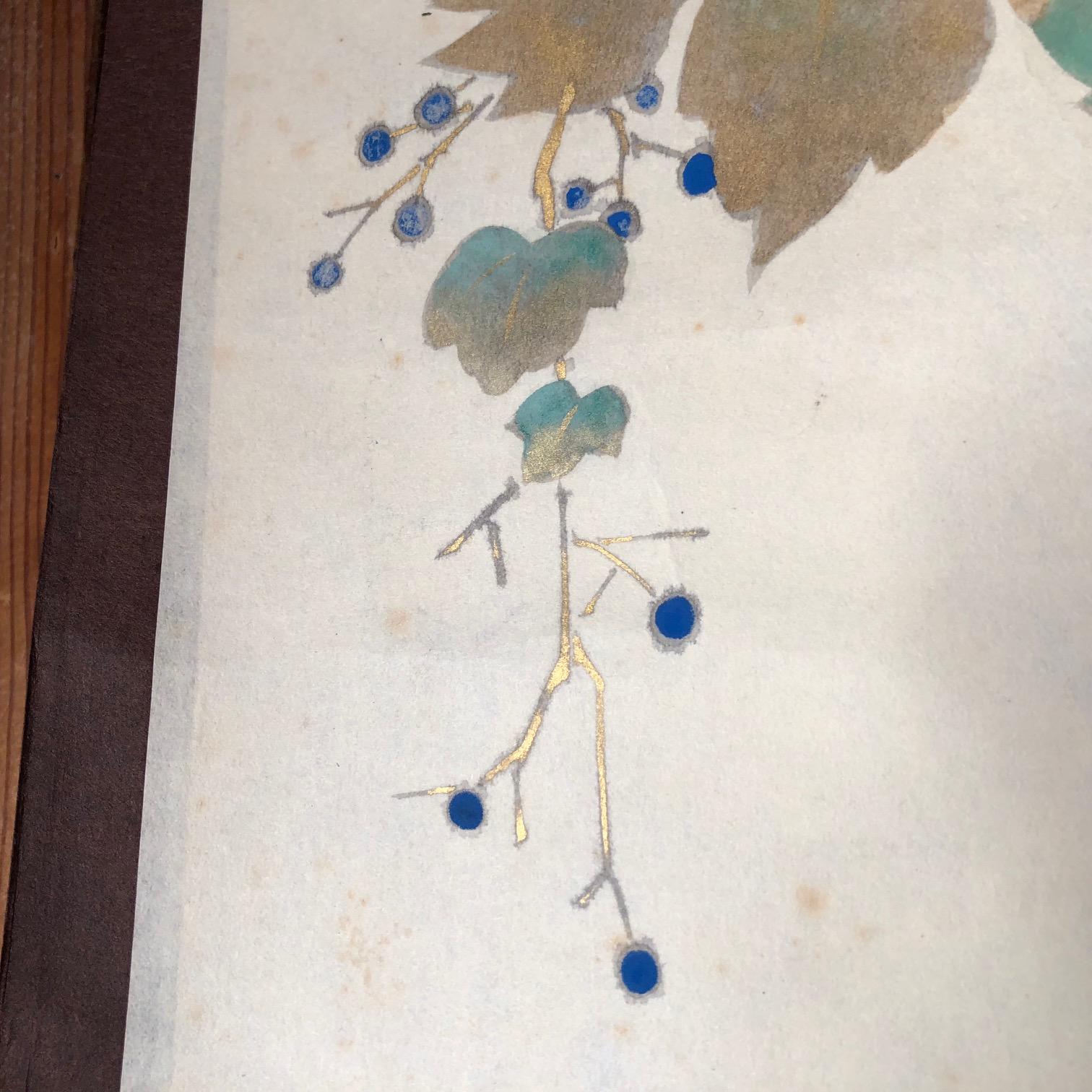 Japan Beautiful Wine Grapes Green, Blue and Gold Antique Hand-Painted Scroll 5