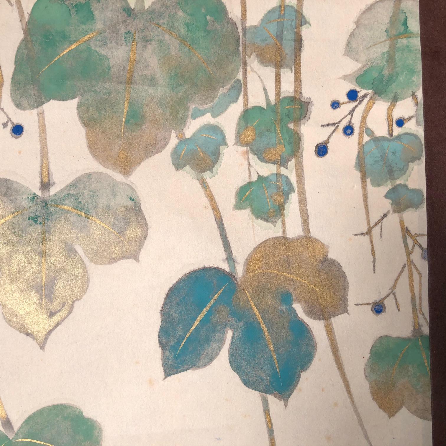 Japanese Japan Beautiful Wine Grapes Green, Blue and Gold Antique Hand-Painted Scroll