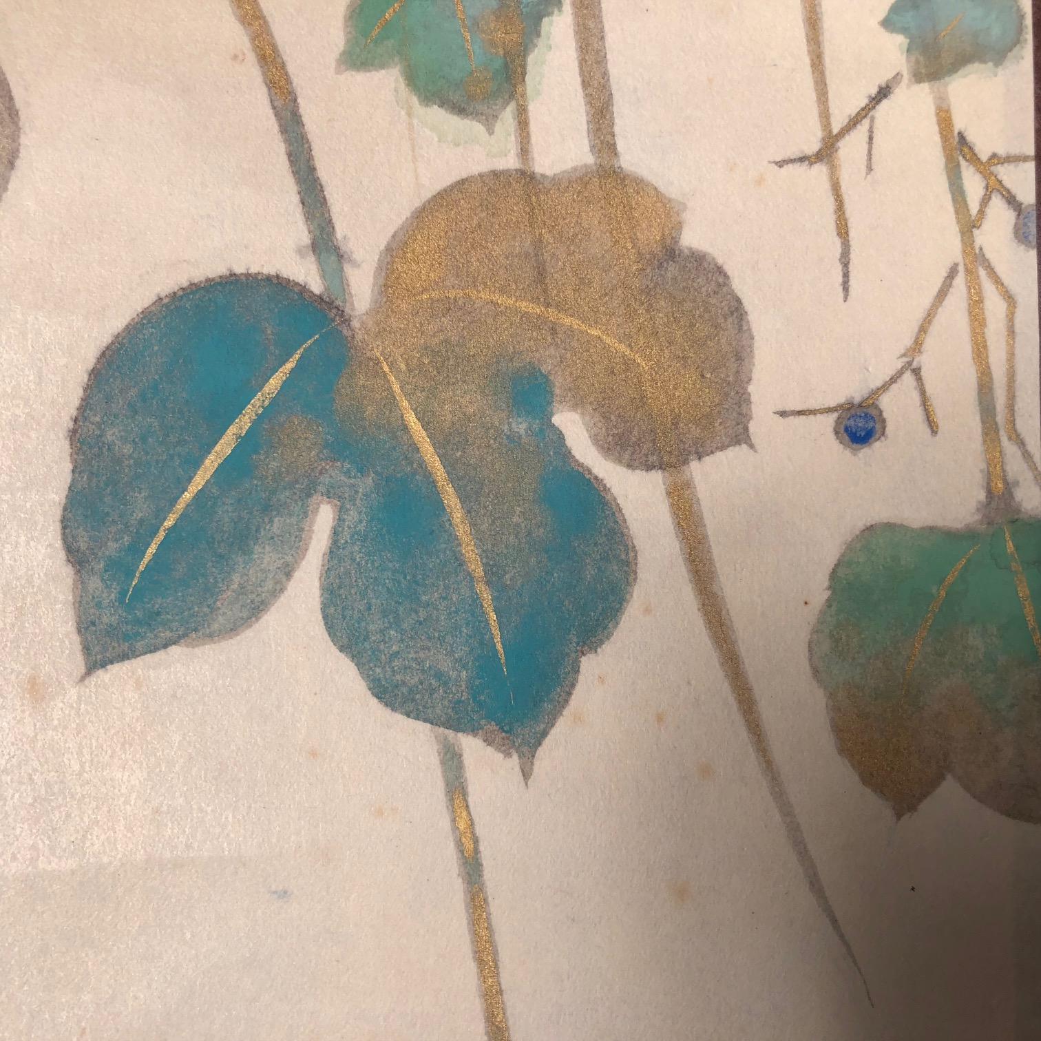 Japan Beautiful Wine Grapes Green, Blue and Gold Antique Hand-Painted Scroll In Good Condition In South Burlington, VT
