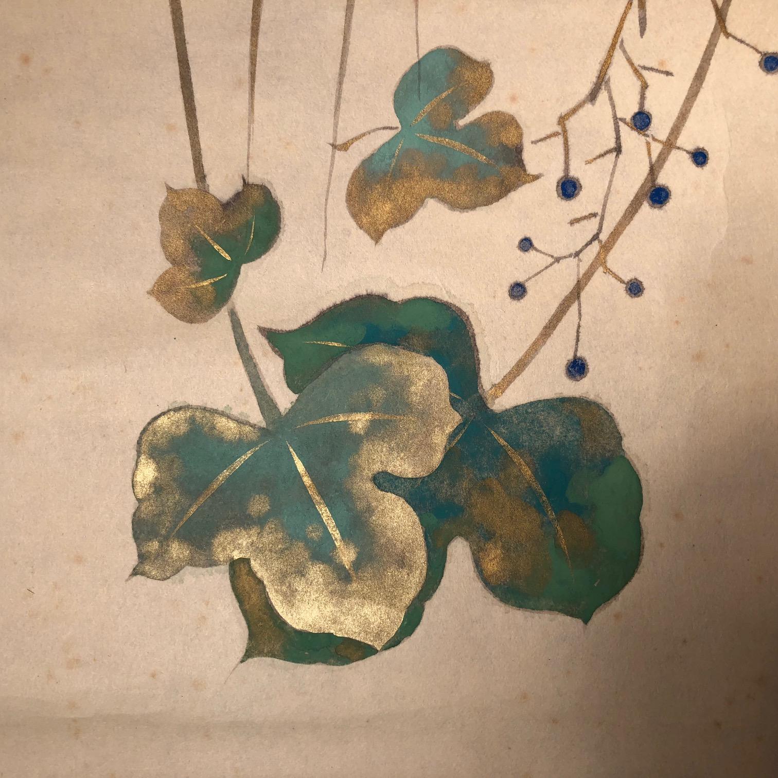 20th Century Japan Beautiful Wine Grapes Green, Blue and Gold Antique Hand-Painted Scroll