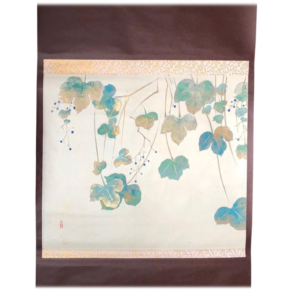 Japan Beautiful Wine Grapes Green, Blue and Gold Antique Hand-Painted Scroll