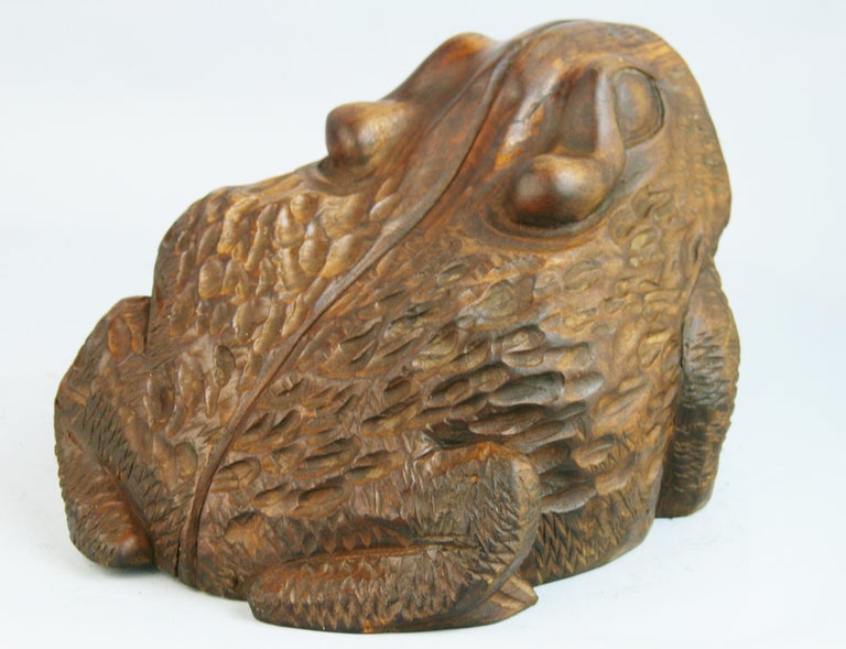 Hardwood Japan Big Antique Hand Carved Wood Frog Toad Kaeru For Sale