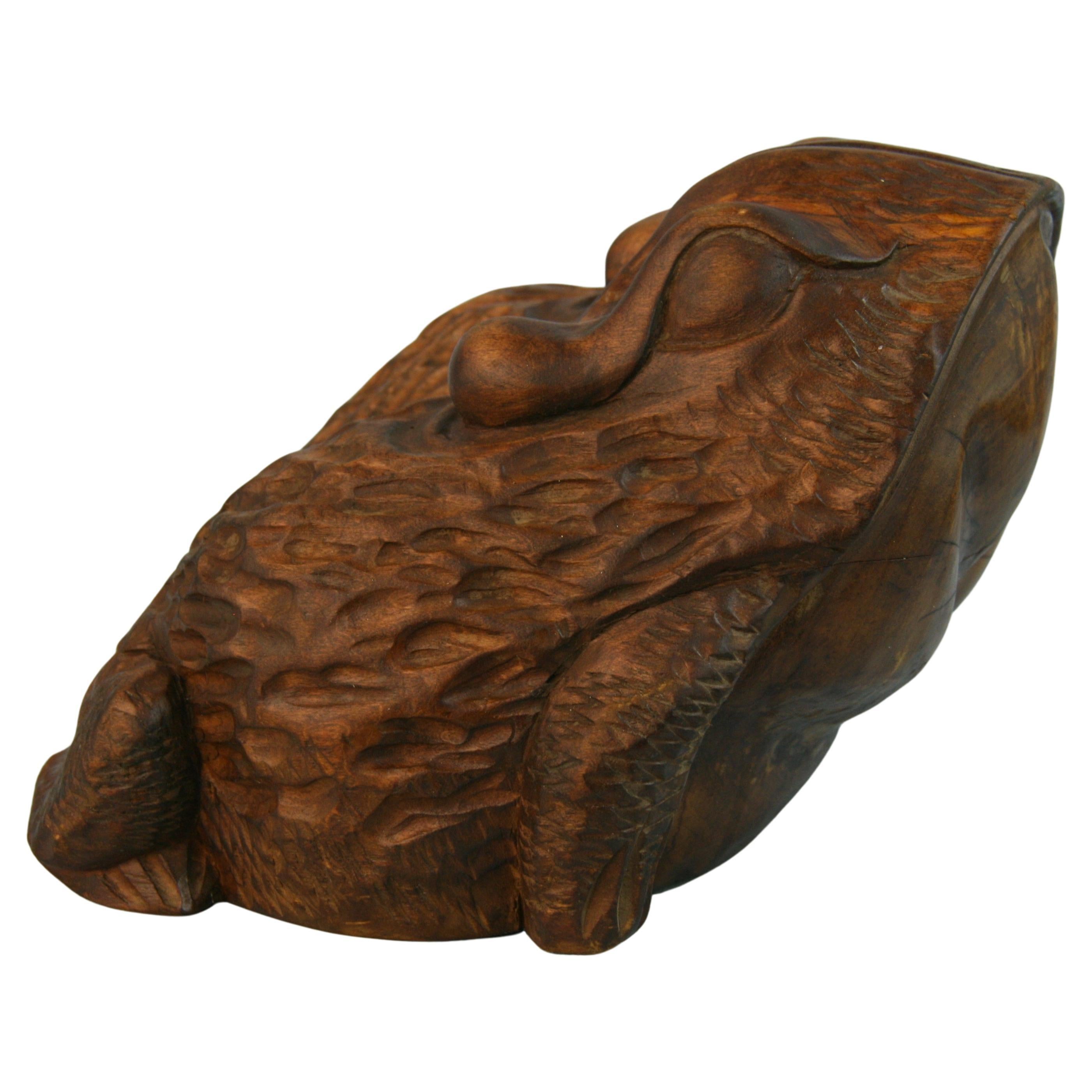 Japan Big Antique Hand Carved Wood Frog Toad Kaeru