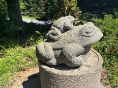 Japan Rare Antique Hand Carved Stone Frog and Baby Hard To Find Garden Art