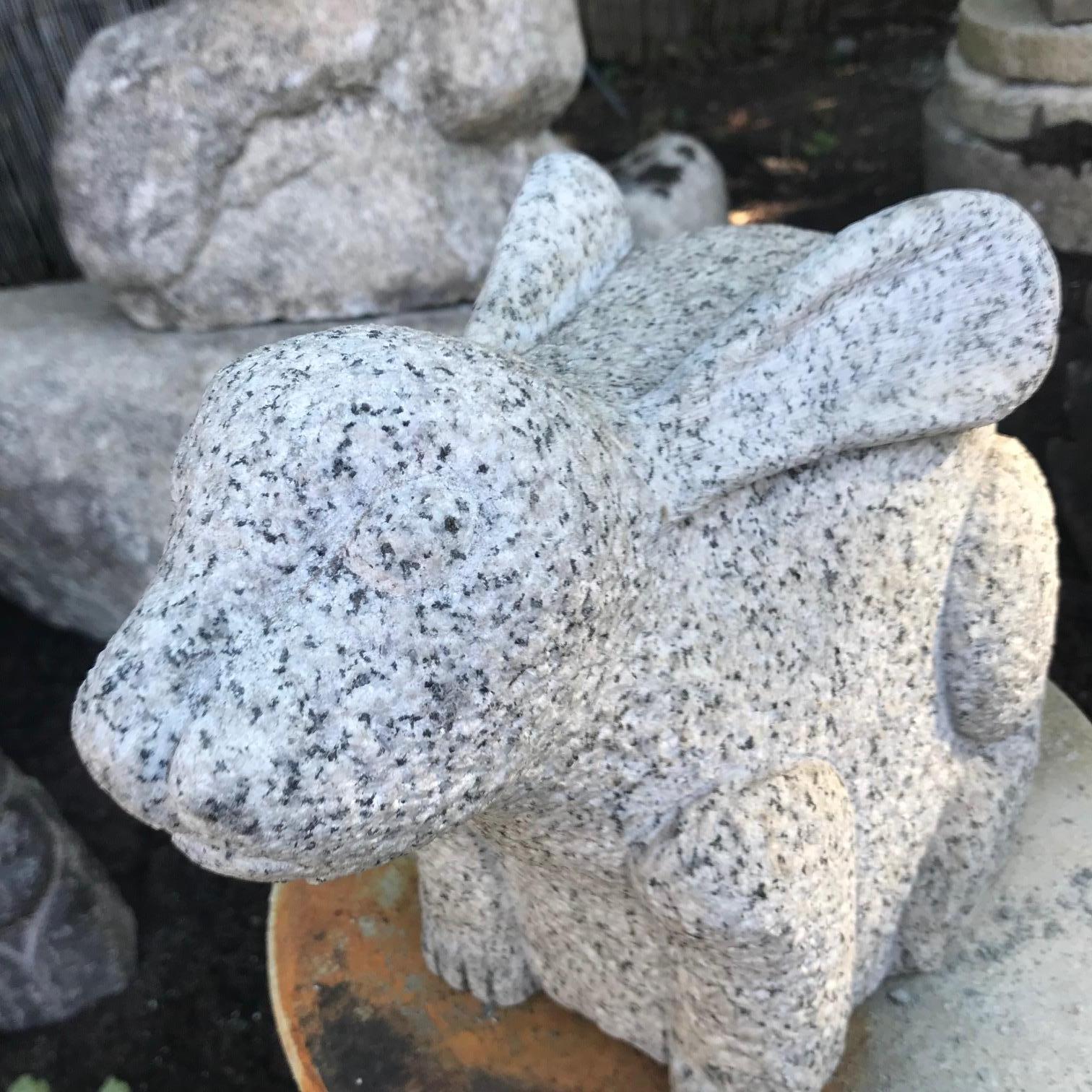 Here's one of the most playful hand-carved granite stone rabbitswe have had the pleasure of owning- a superb garden treasure found in Japan. 

This is a finely crafted hand-carved big eared effigy of a seated rabbit usagi.

This was sourced from