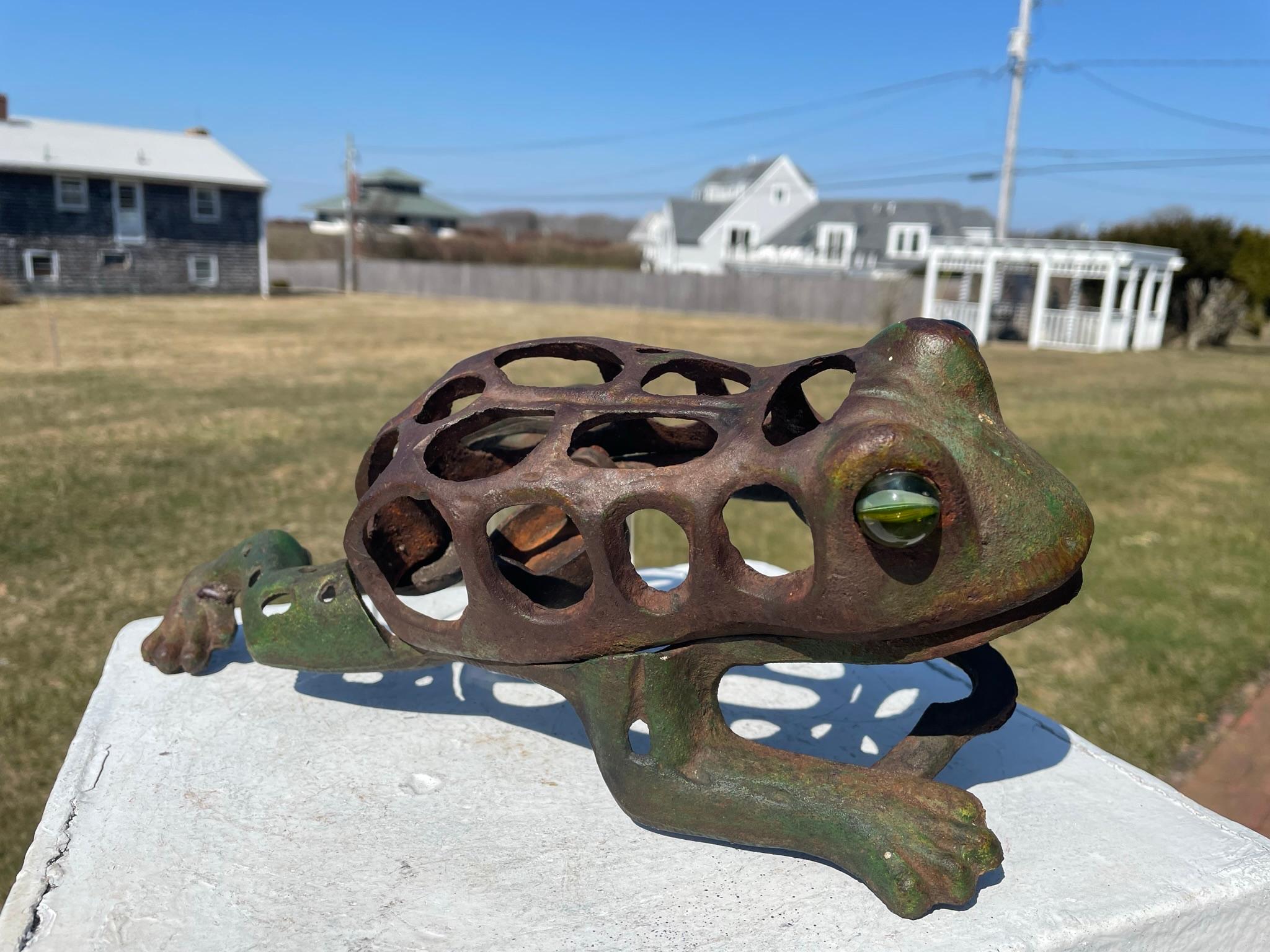 Showa Japan Big Hand Painted Leaping Frog Lantern, Original Glass Eyes