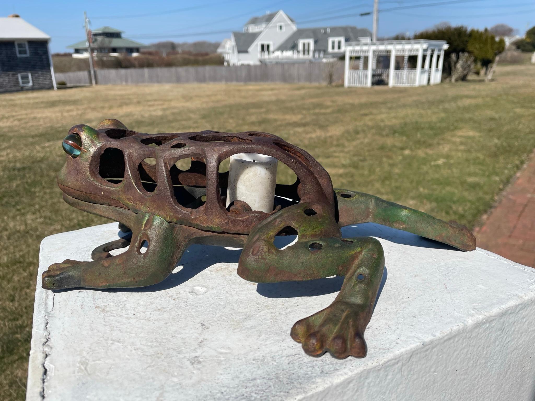 Iron Japan Big Hand Painted Leaping Frog Lantern, Original Glass Eyes