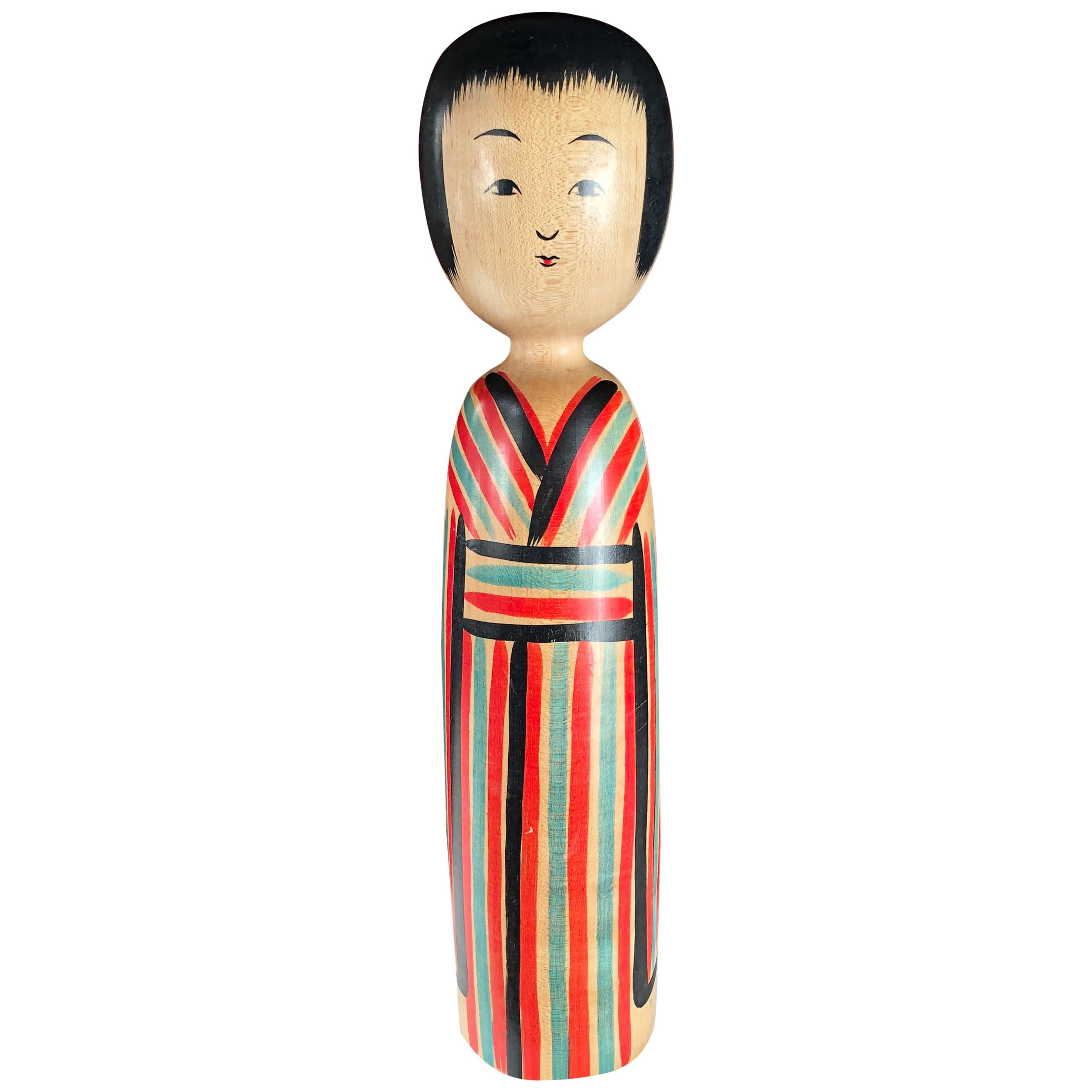 Japan Big Old "Candy Stripes" Kokeshi Doll Hand Carved Signed