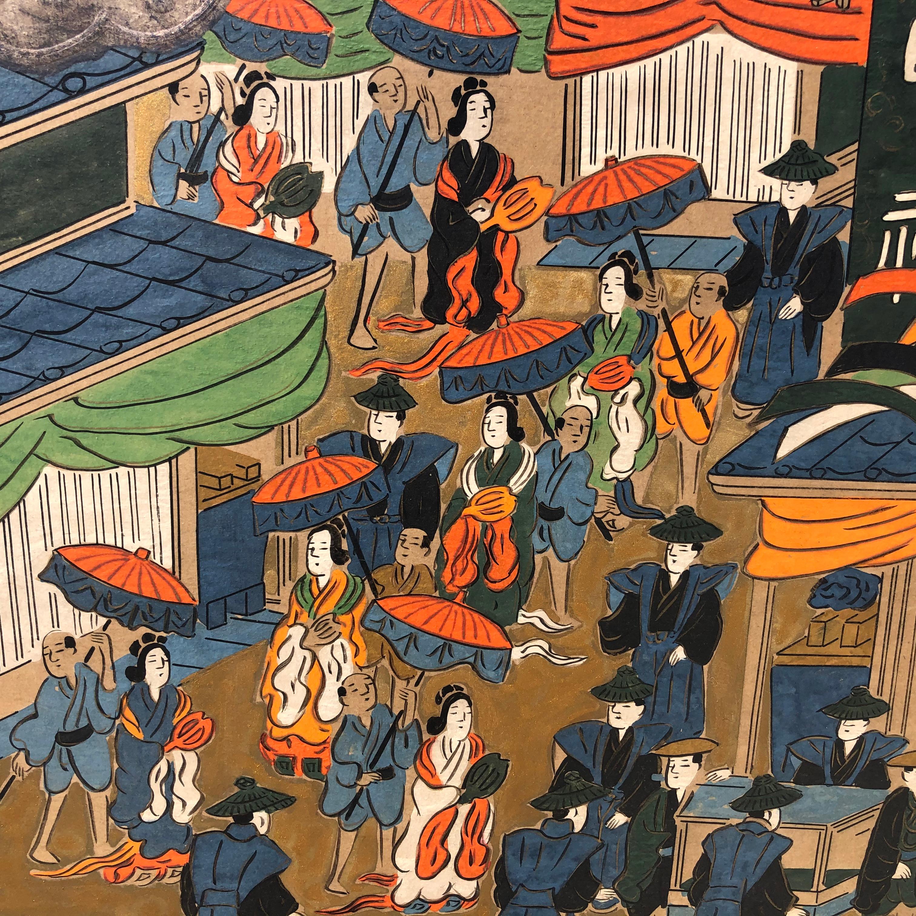 Japan Brilliant Six-Panel Screen Nara Matsuri Summer Festival Ink and Gold 1