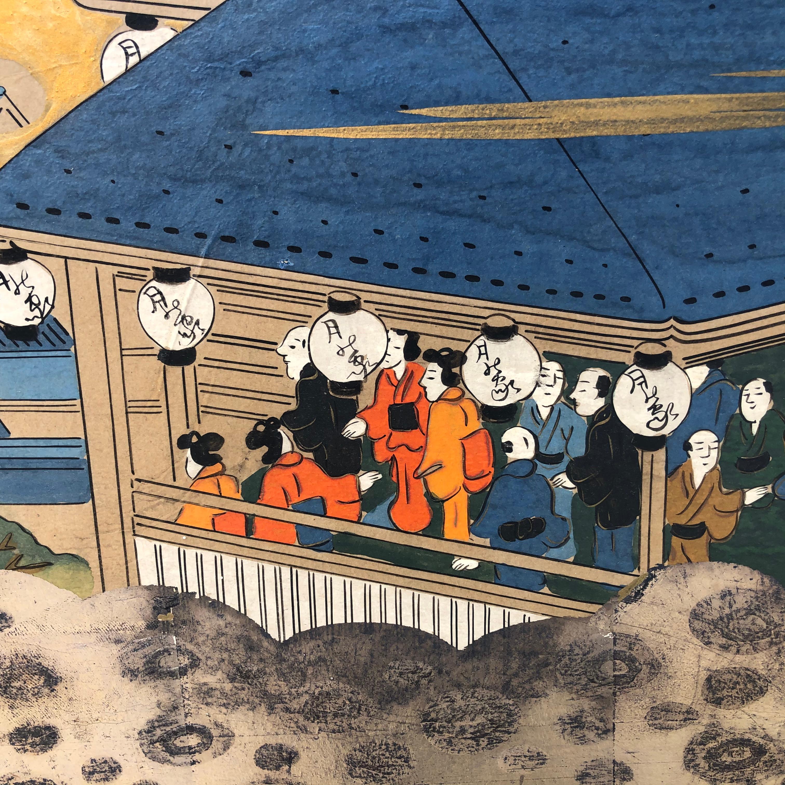 Meiji Japan Brilliant Six-Panel Screen Nara Matsuri Summer Festival Ink and Gold