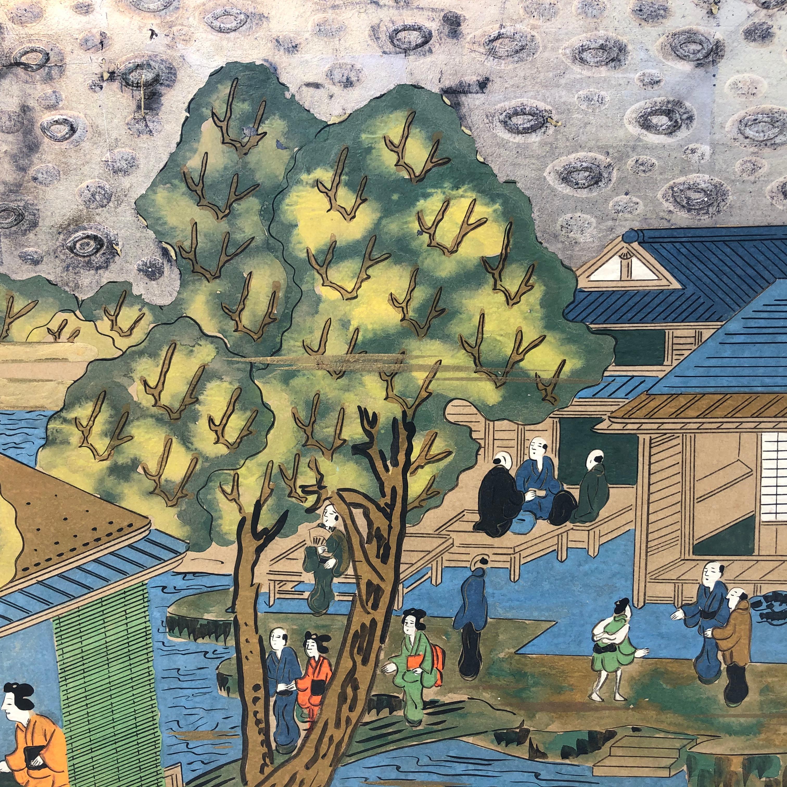 Japan Brilliant Six-Panel Screen Nara Matsuri Summer Festival Ink and Gold In Good Condition In South Burlington, VT