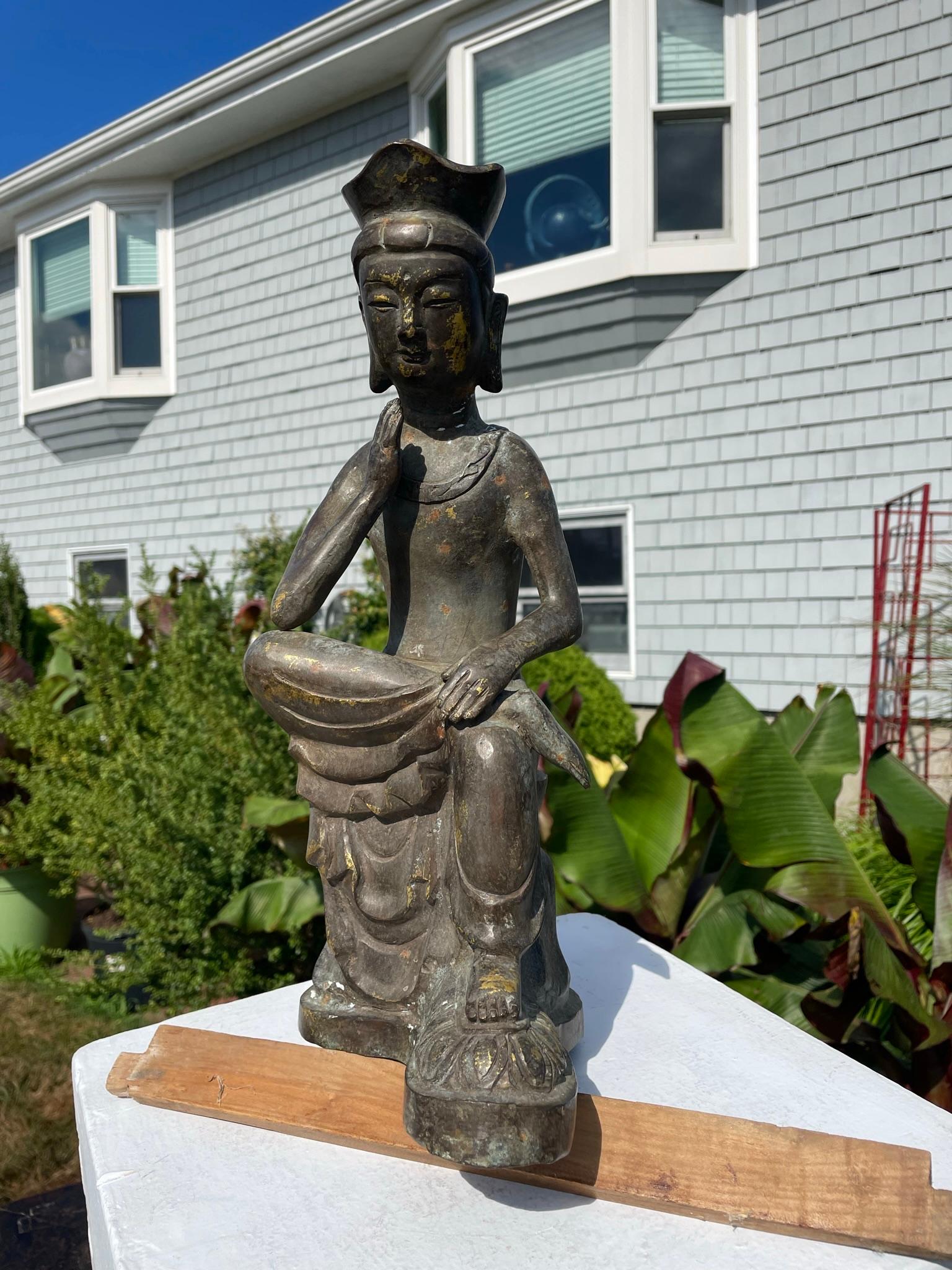 Showa Japan Bronze Seated Garden Guan Yin with Beautiful Face
