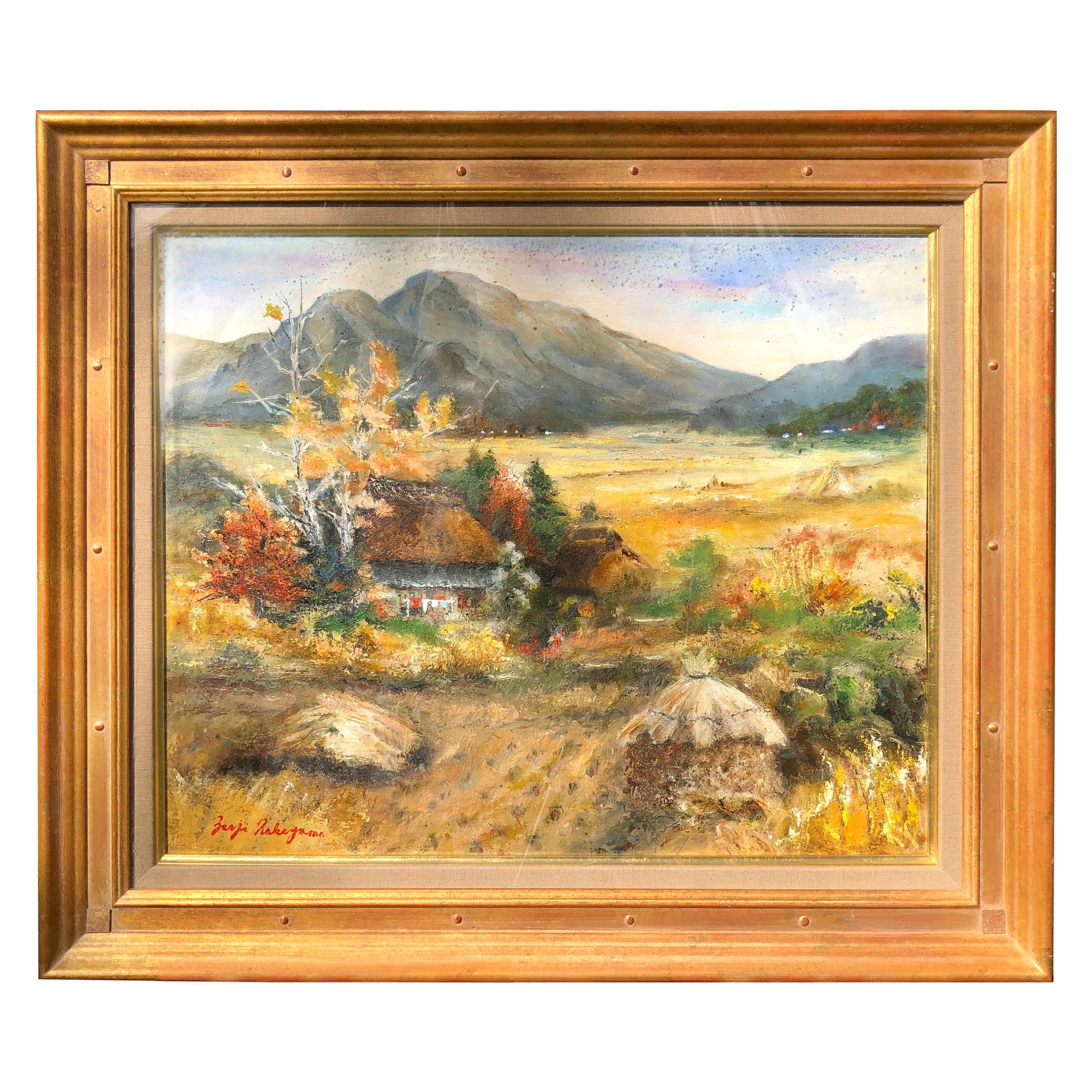 Japan Vintage "Mountain Cottages" Oil Painting By Nakayama