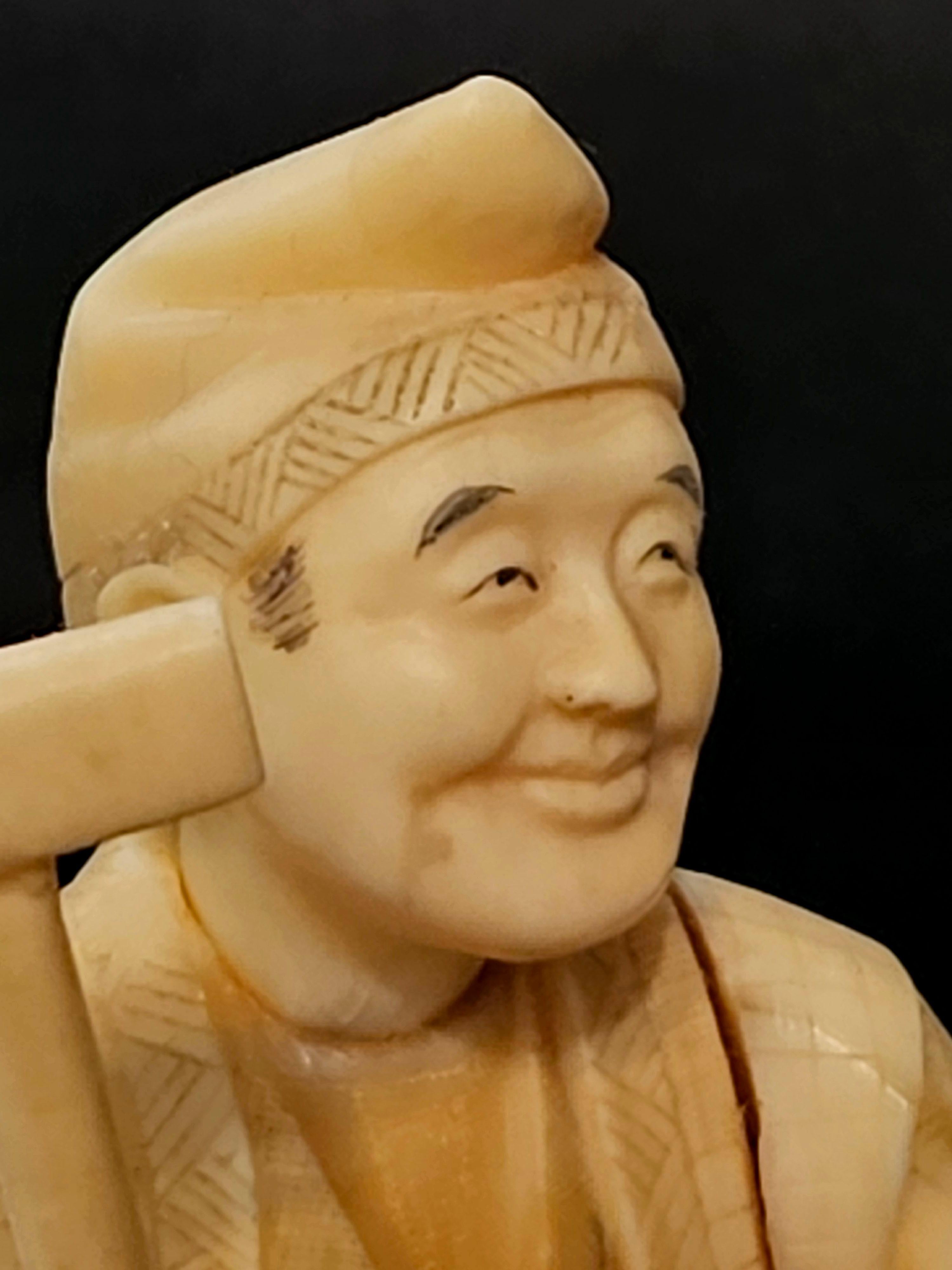 Late 19th Century Japan Carved Okimono Group Of A Fisherman and His Kid, 1890 Meiji, Signed For Sale
