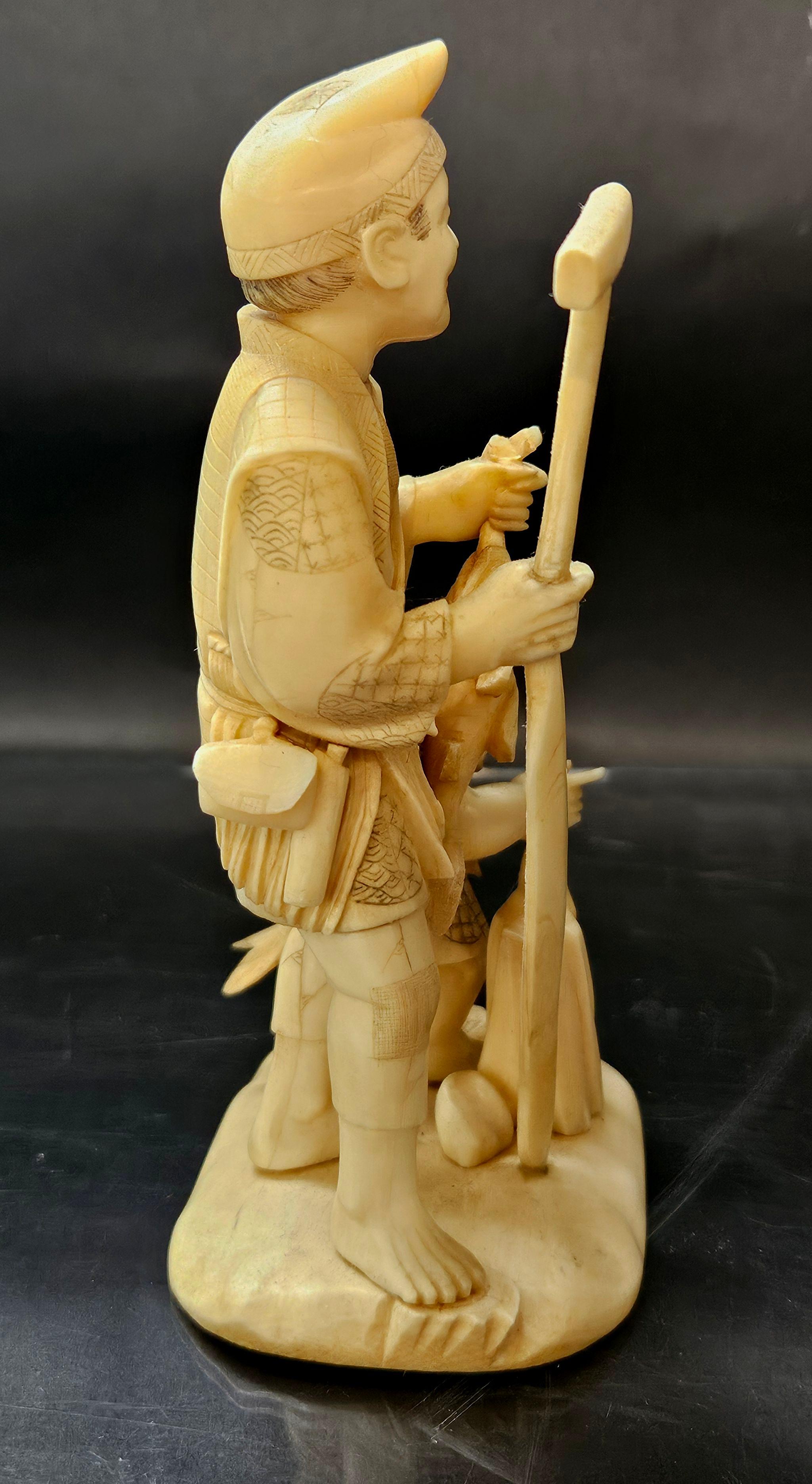 Japan Carved Okimono Group Of A Fisherman and His Kid, 1890 Meiji, Signed For Sale 1
