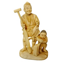 Japan Carved Okimono Group Of A Fisherman and His Kid, 1890 Meiji, Signed