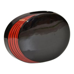 Vintage Op Art Japan Ceramic Black and Red Round Flat Vase Mid-Century Modern