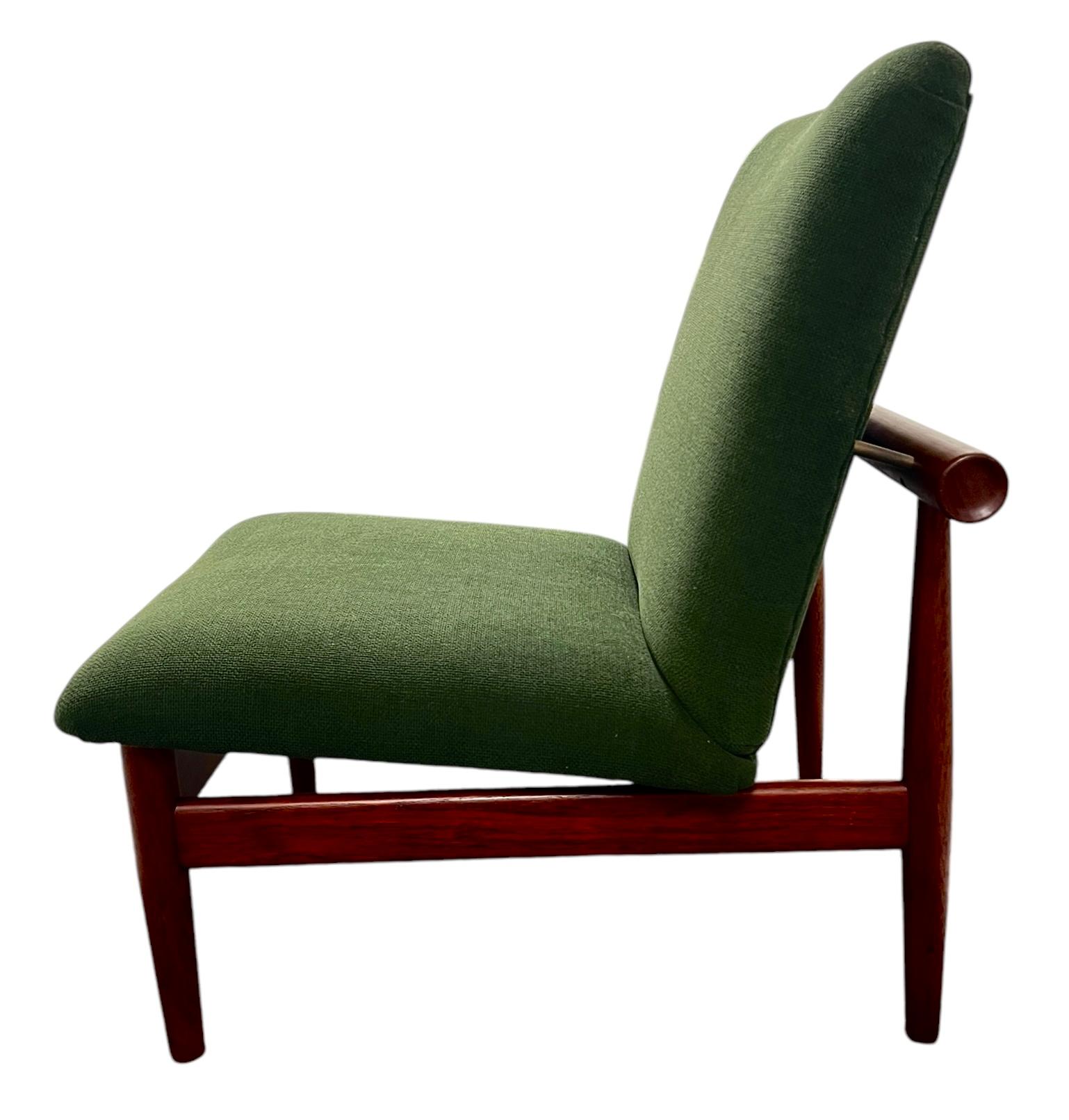 Mid-Century Danish Vintage Finn Juhl For France & Daverkosen Teak Japan Chair.  Overall excellent vintage condition with age appropriate wear. Chair has been reupholstered with a textured dark hunter green upholstery.  