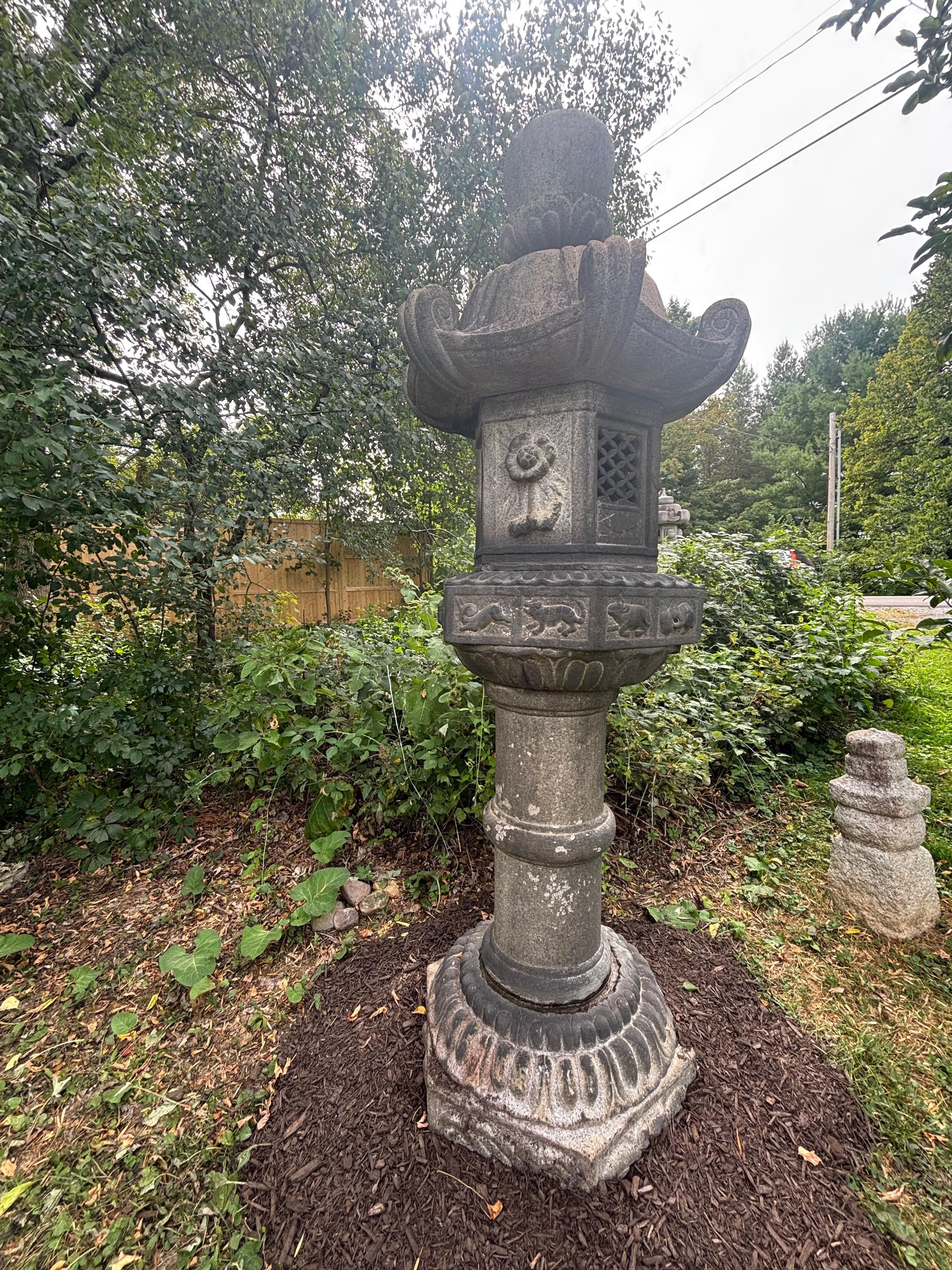 Taisho Japan Classic  Antique  12 Signs Zodiac Stone Lantern, 96 Inches For Sale
