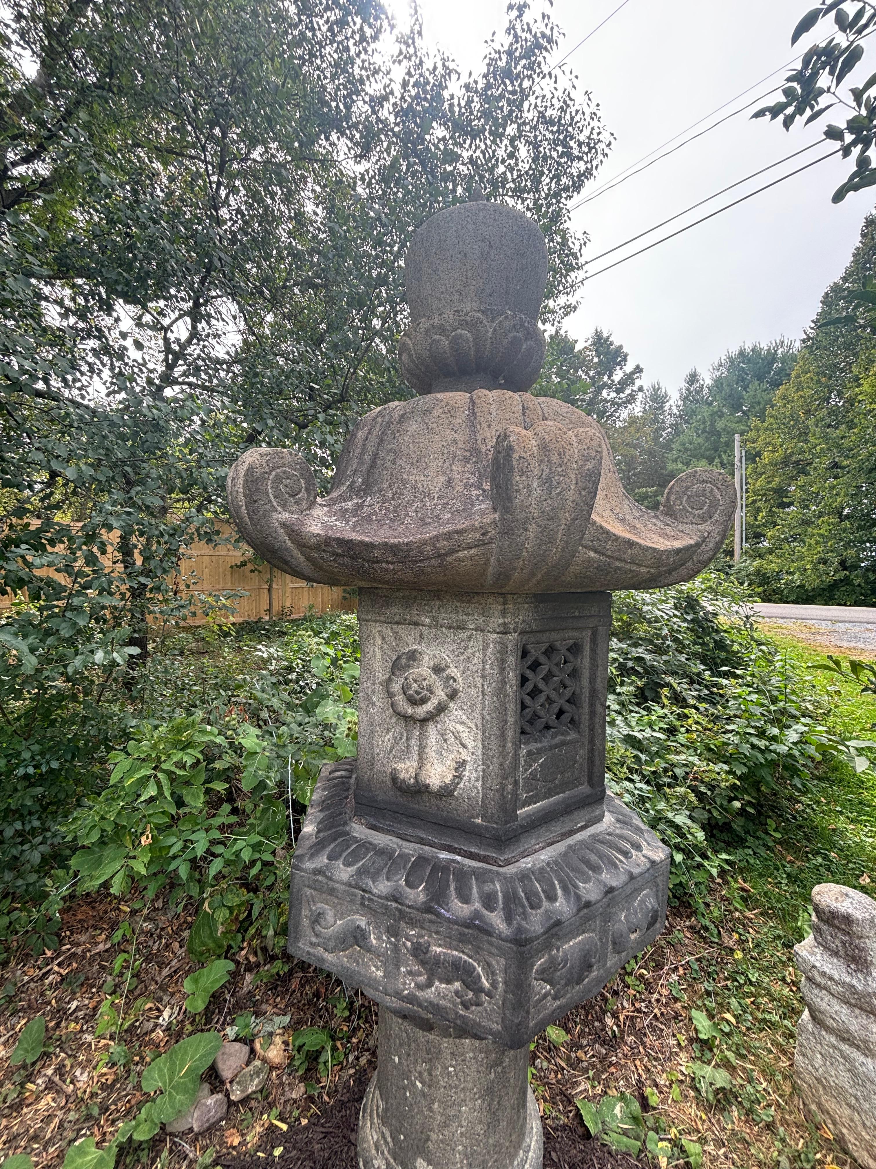 Japanese Japan Classic  Antique  12 Signs Zodiac Stone Lantern, 96 Inches For Sale