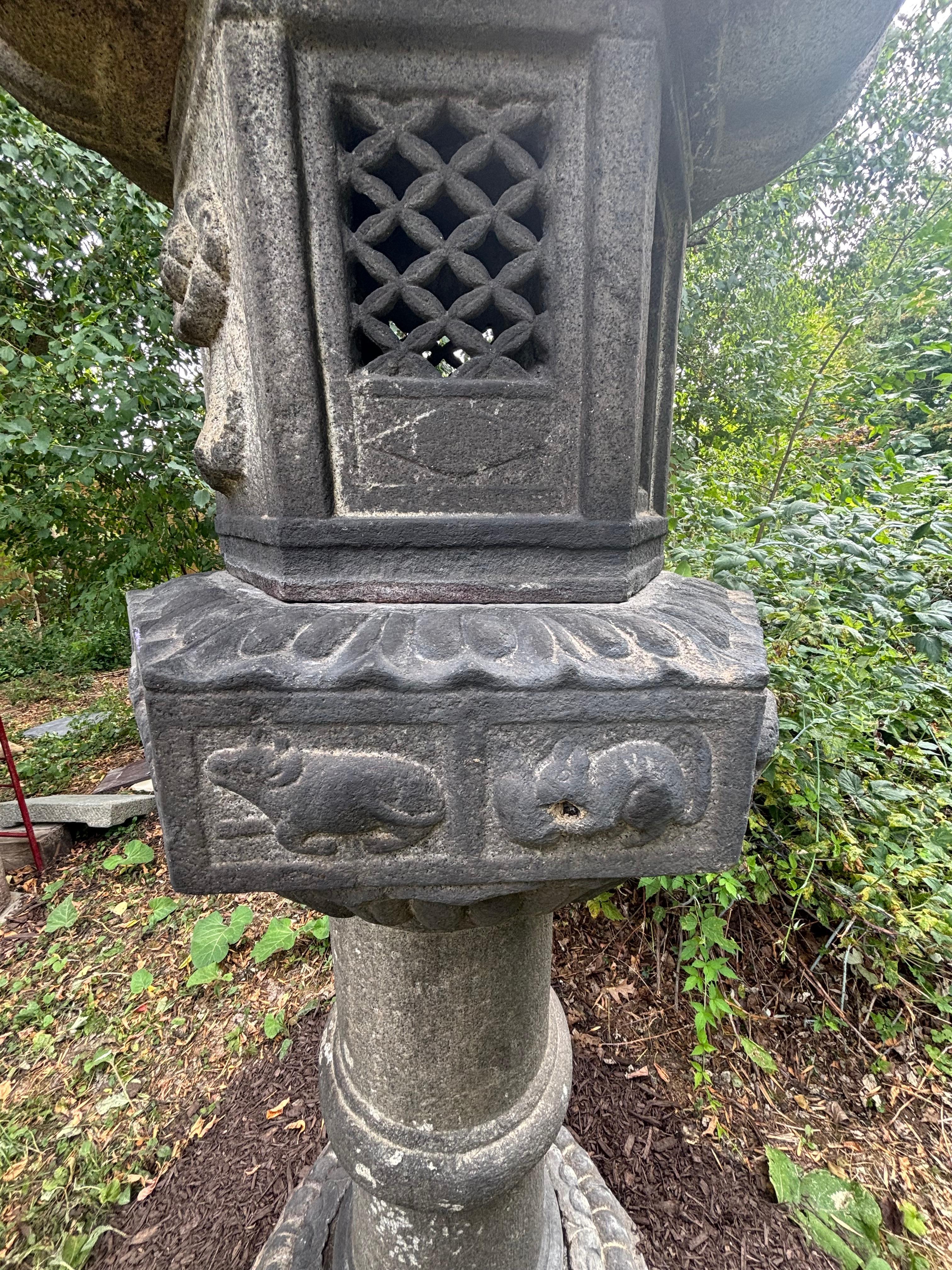 Japan Classic  Antique  12 Signs Zodiac Stone Lantern, 96 Inches In Good Condition For Sale In South Burlington, VT