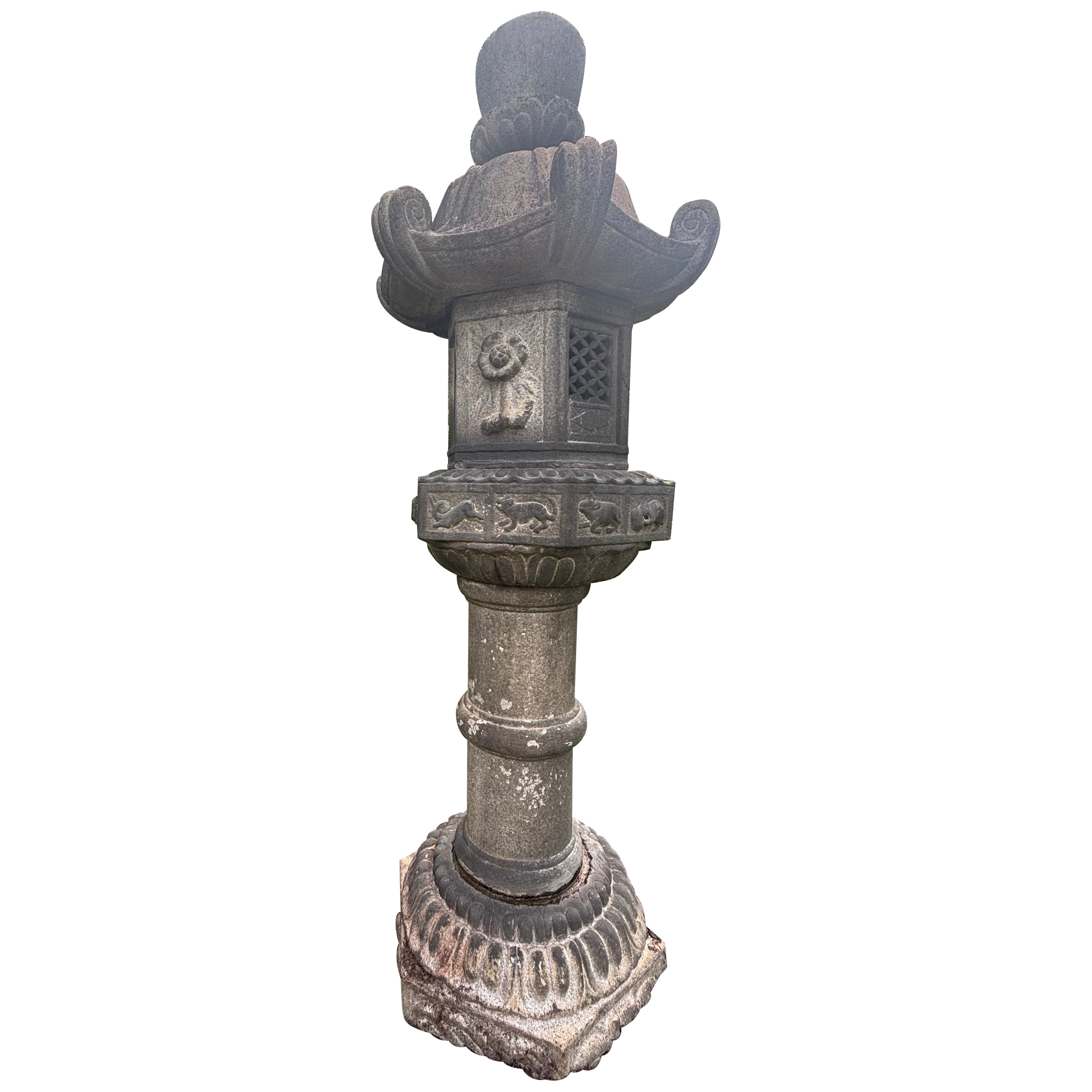 Japan Classic  Antique  12 Signs Zodiac Stone Lantern, 96 Inches For Sale