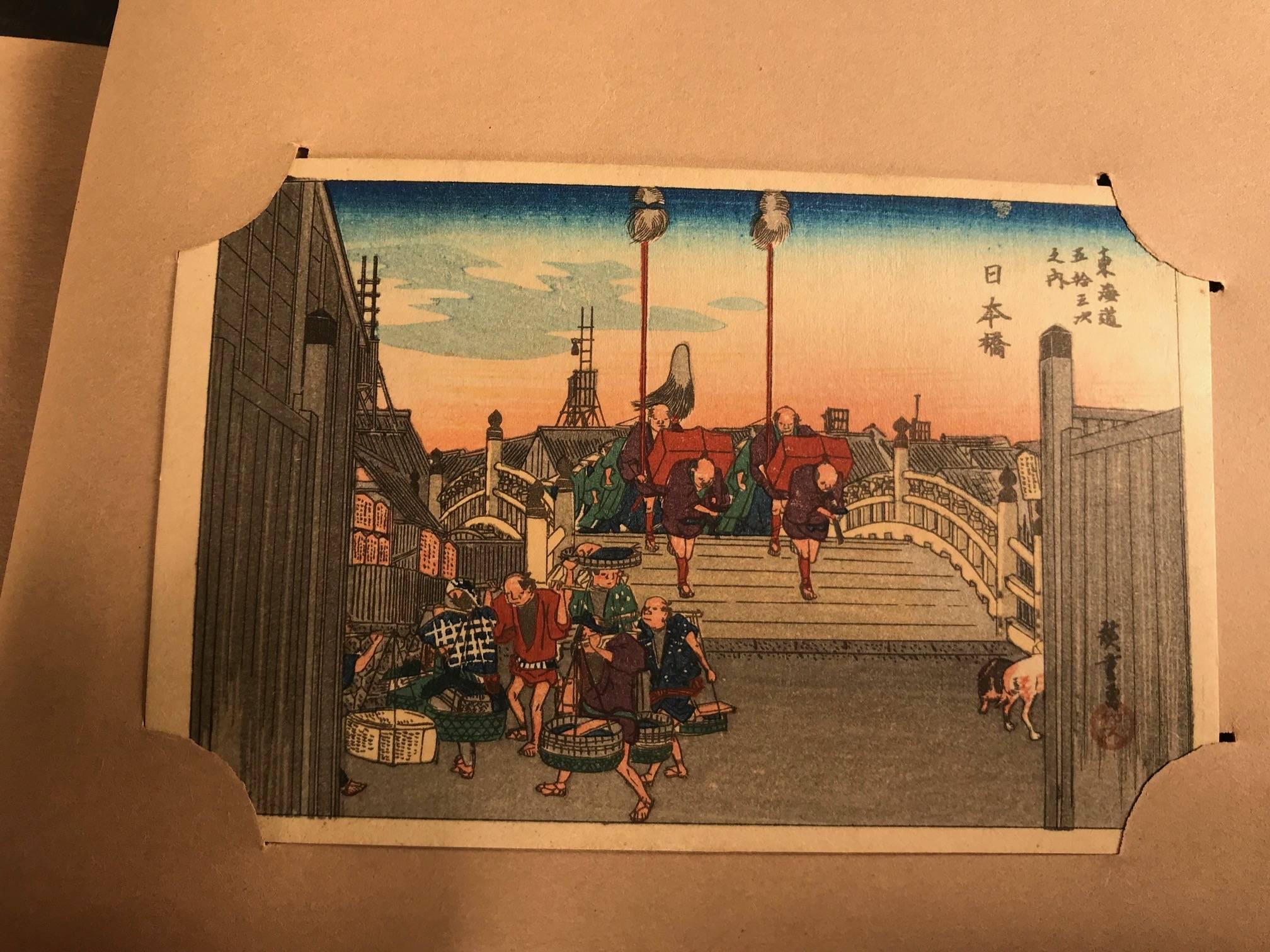 Japon Album complet de 55 cartes postales anciennes en bois Ukiyoe Tokaido Route 7
