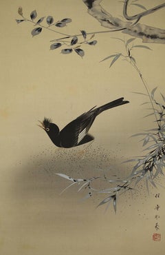 Japan Crested Myna Bird and Flowers Hand-Painted Silk Scroll, Domoto